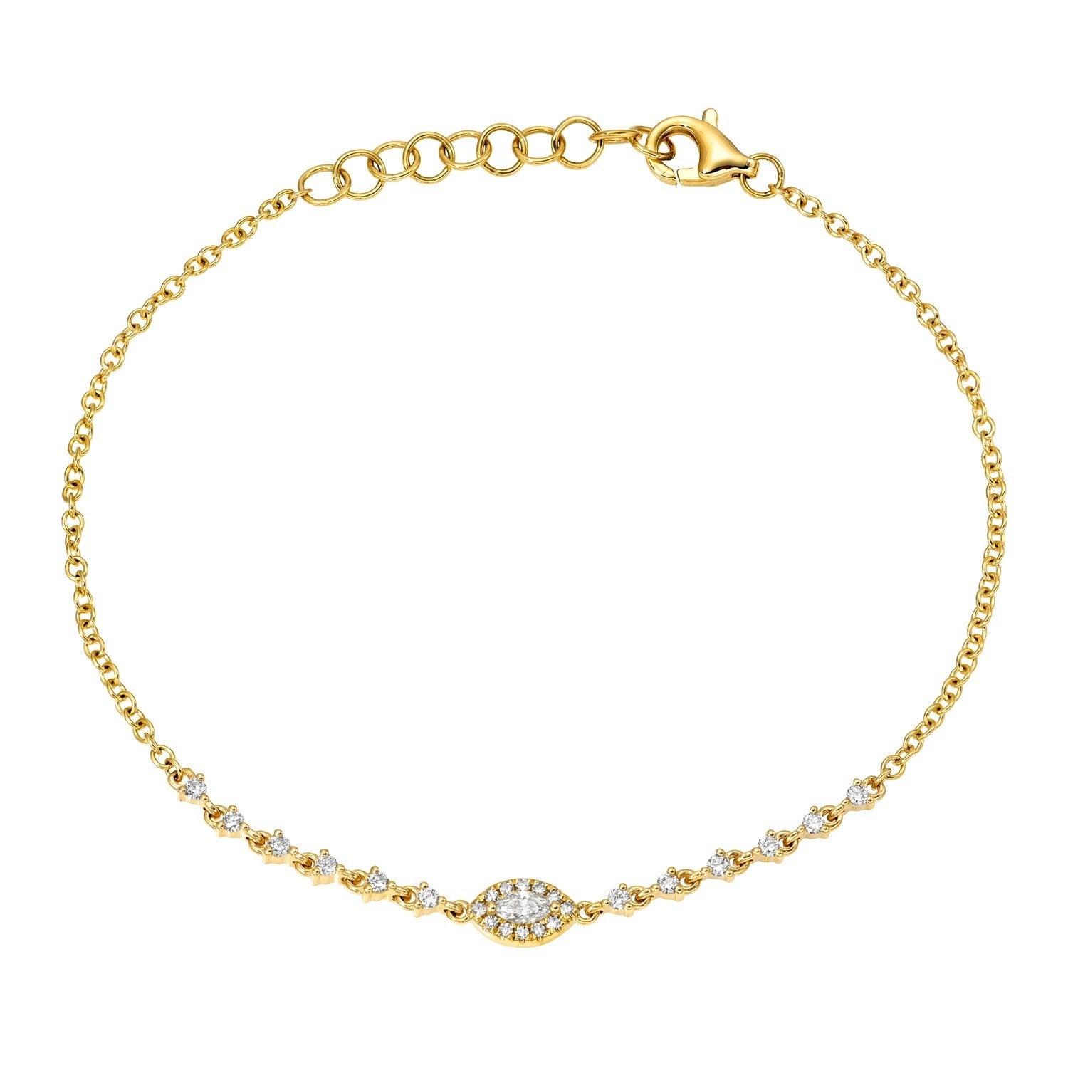 Introducing the Marquise Diamond Bracelet, a beautiful piece crafted in 14KT gold. This fine jewelry bracelet showcases a delicate marquise-shaped cluster of sparkling stones at its center, complemented by additional clear stones spaced gracefully along the gold chain. The bracelet is finished with an adjustable clasp to ensure a comfortable and secure fit.