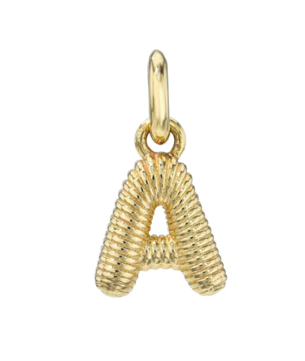 The Mini Ridge Letter Charm is a gold pendant shaped like the letter A, featuring a ribbed design and a top loop for a chain. This custom jewelry piece is available as a final sale.