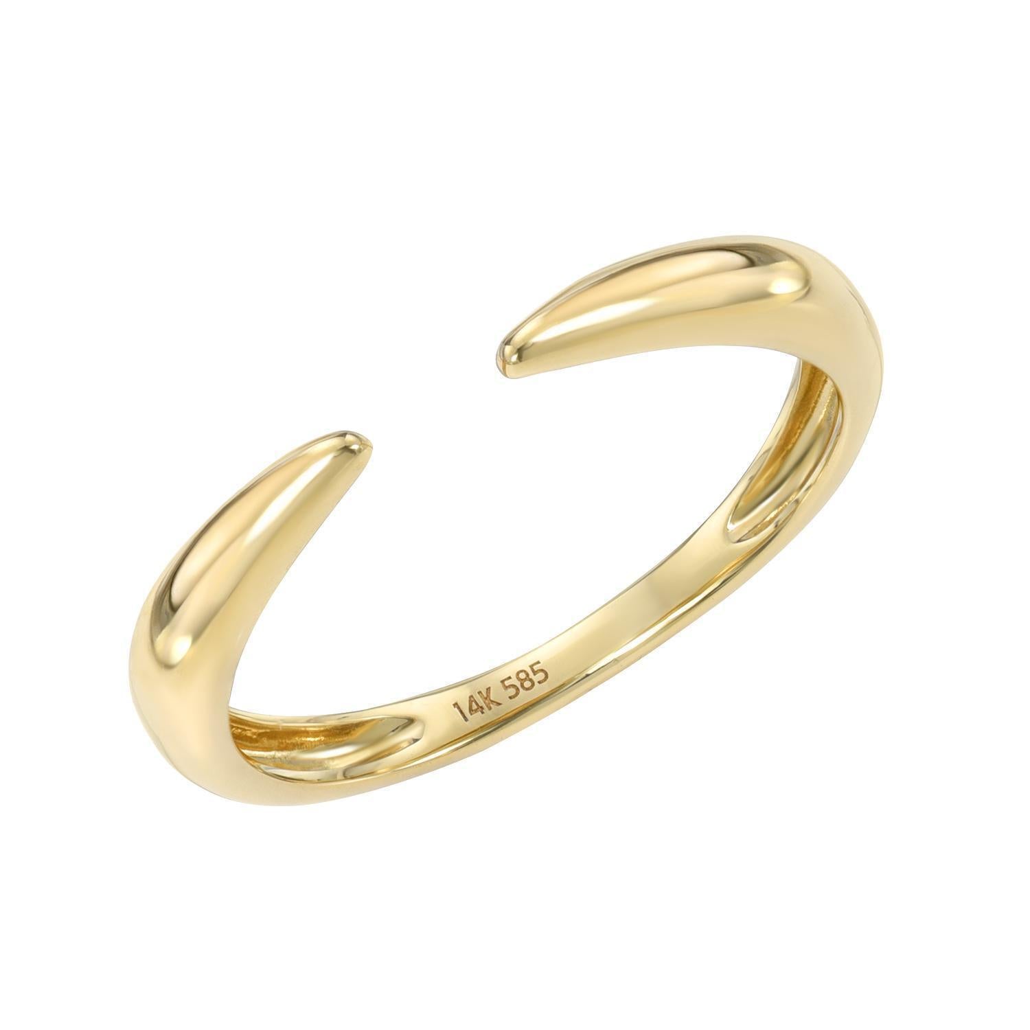The Open Plain Gold Cuff Ring by Janet Heller Fine Jewelry features a minimalist open-ended design with smooth, rounded tips. Stamped 14K 585 inside the polished band. Available for preorder.