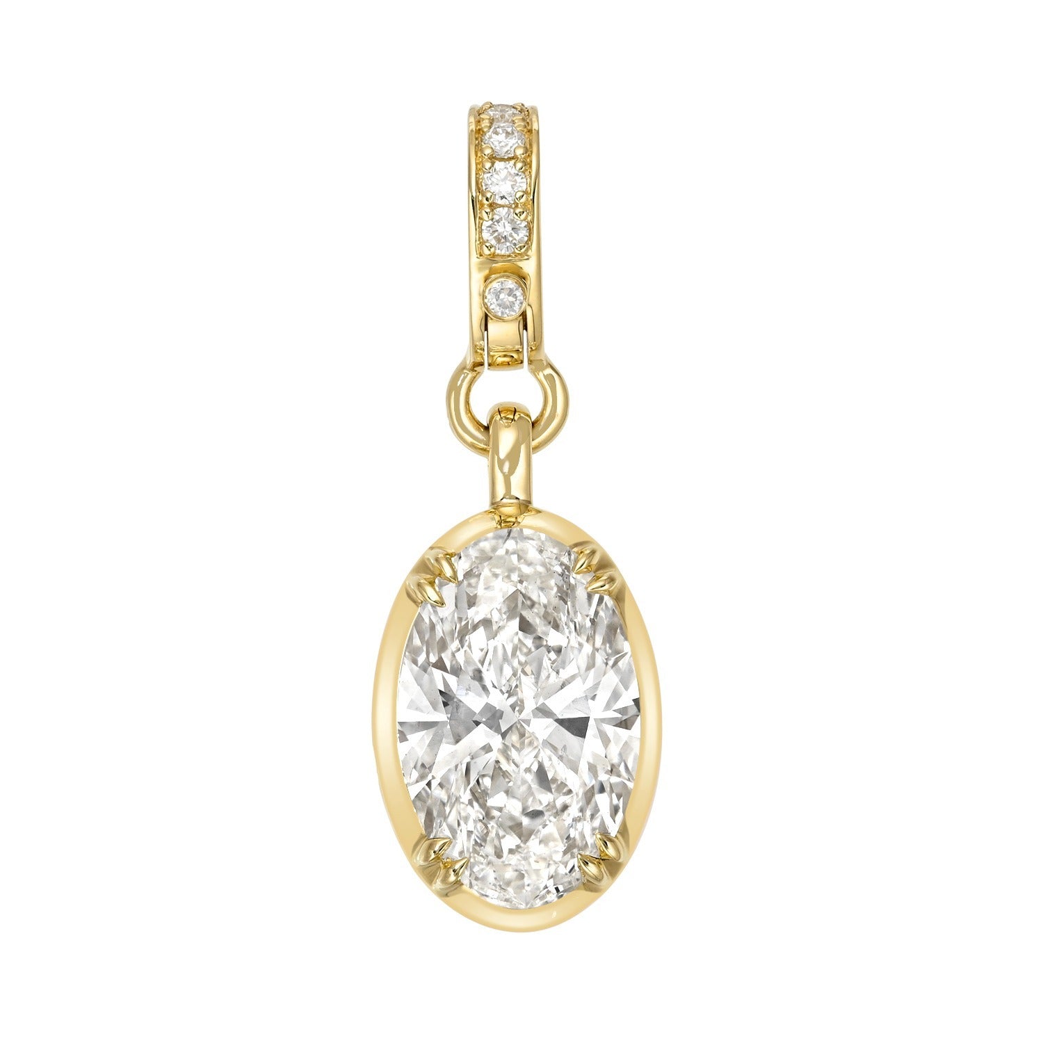 The Oval Lab Grown Diamond Charm is a 14KT gold pendant showcasing an oval-shaped, faceted lab-grown diamond set within a gold bezel and accented by three small round diamonds on the fine jewelry gold bail above.