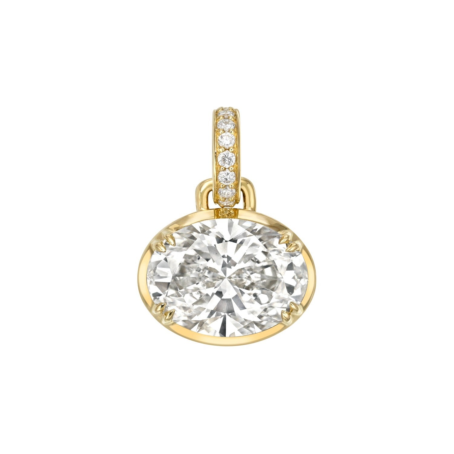 The Oval Lab Grown Diamond East to West Charm showcases a stunning, large oval-cut lab grown diamond set horizontally in an elegant prong setting, complemented by smaller round diamonds accenting the gold bail for extra sparkle.