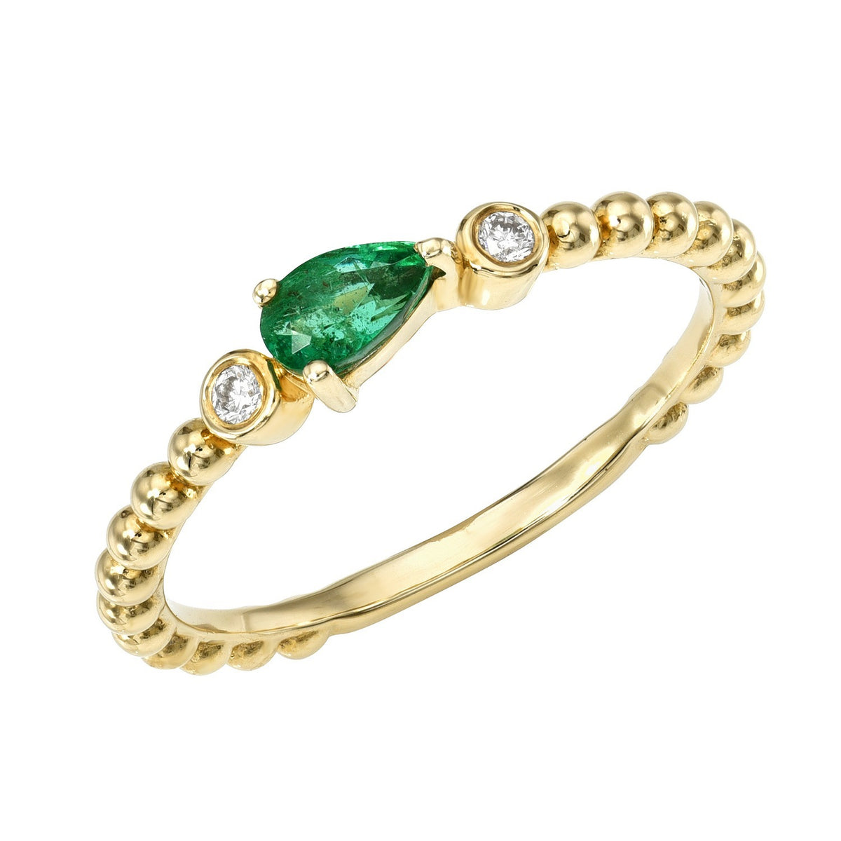 The Pear Shaped Emerald & Diamond Ring features a pear-shaped green emerald at the center, accented by two small round diamonds. The band is adorned with a beaded design, showcasing Janet Heller’s exquisite craftsmanship in fine jewelry. Available for preorder.