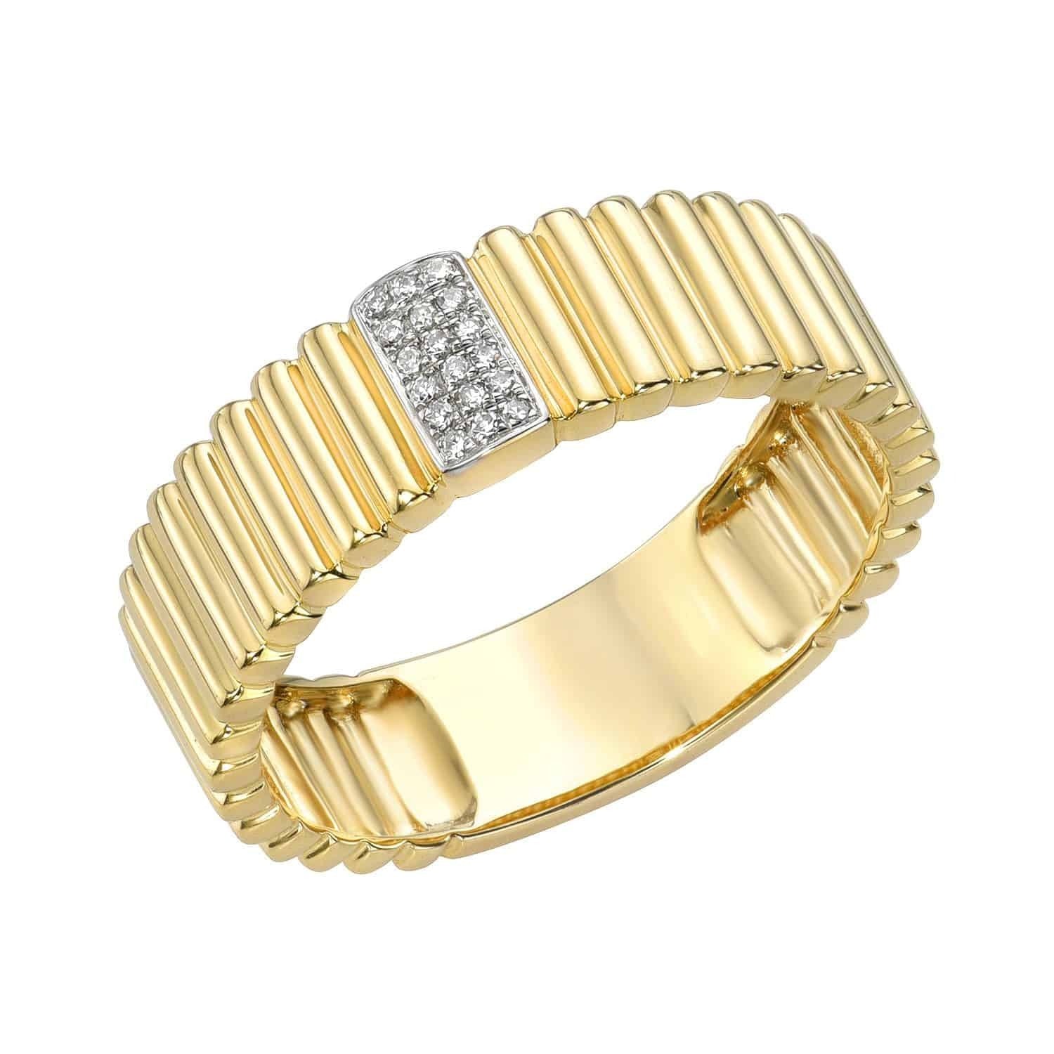Introducing the Diamond Sloane Ring from Janet Heller Fine Jewelry: a gold ring featuring a ribbed design and a rectangular top section adorned with small, sparkling diamonds. This elegant piece can be customized to your preferred ring size and is available for preorder—perfect for those seeking timeless sophistication.