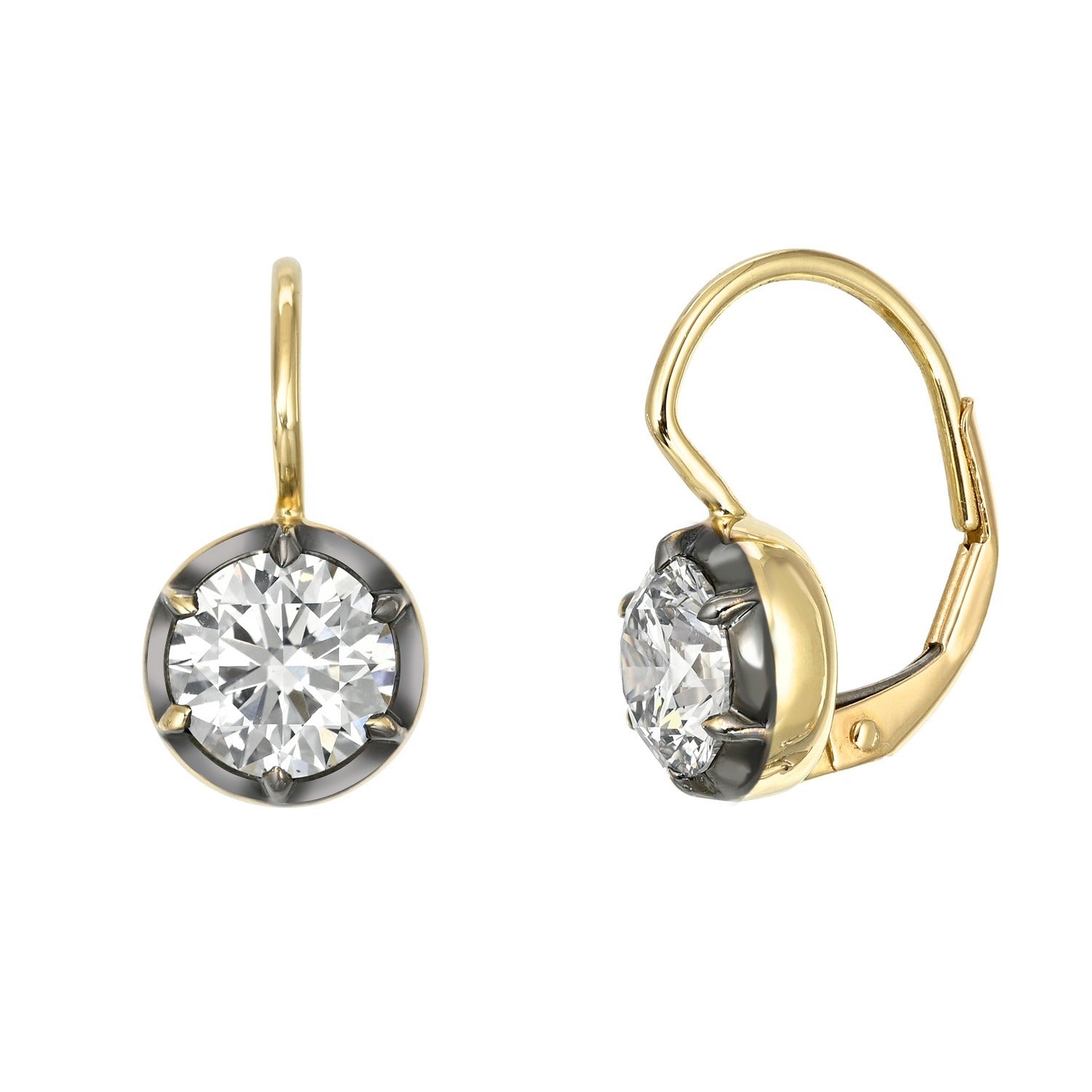 The Round Lab Grown Diamond Euro Wire Earrings showcase sparkling clear lab grown diamonds set in a dark metal bezel with a sleek lever-back design. Presented from front and side views on a white background, these polished earrings exude timeless elegance and a modern silhouette.