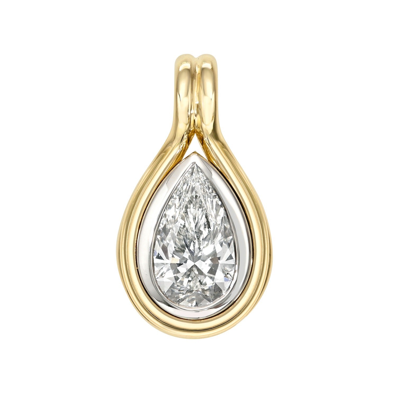 Introducing the Two Tone Pear Lab Diamond Charm—an elegant 14KT gold pendant featuring a pear-cut lab diamond at its center. This teardrop-shaped charm showcases a sophisticated gold and silver bezel setting and is finished with a graceful gold loop at the top, perfect for attaching to your favorite chain.