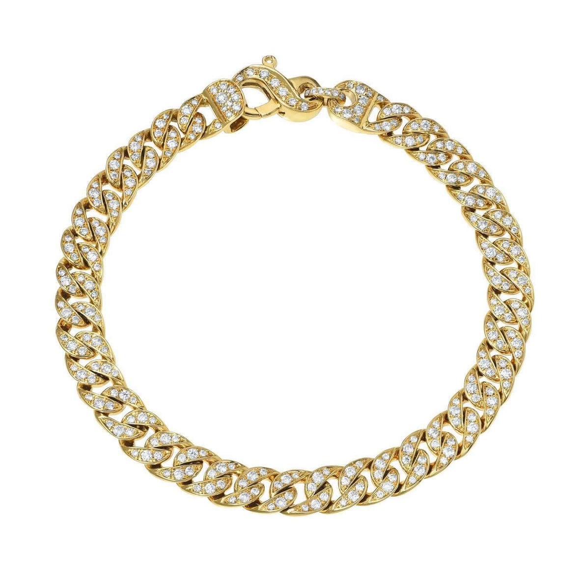 The Full Diamond Cuban Link Bracelet from Janet Heller Fine Jewelry is crafted in 14KT gold.  The bracelet features a link chain with diamonds, and an intricate interlocking diamond clasp closure.