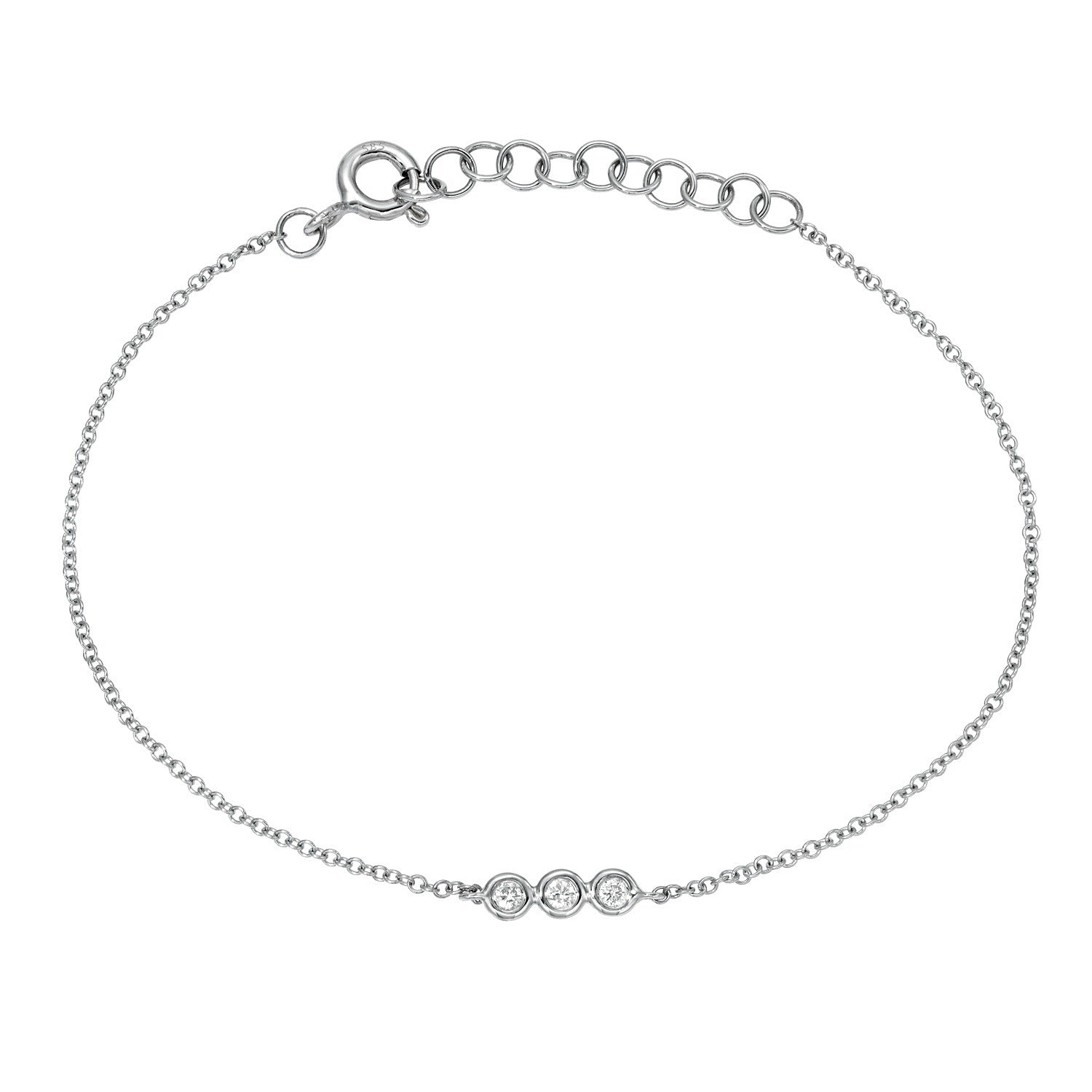 3 Diamond Bezel Set Bracelet featuring a delicate silver chain and three small round bezel-set diamonds arranged in a row at the center, complete with an adjustable clasp and extension chain for a perfect fit.