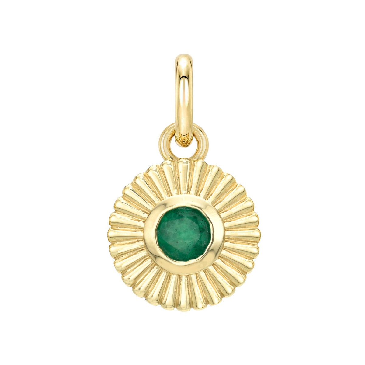 A gold circular Birthstone Charms pendant with a ridged sunburst pattern and a small, round green birthstone in the center.