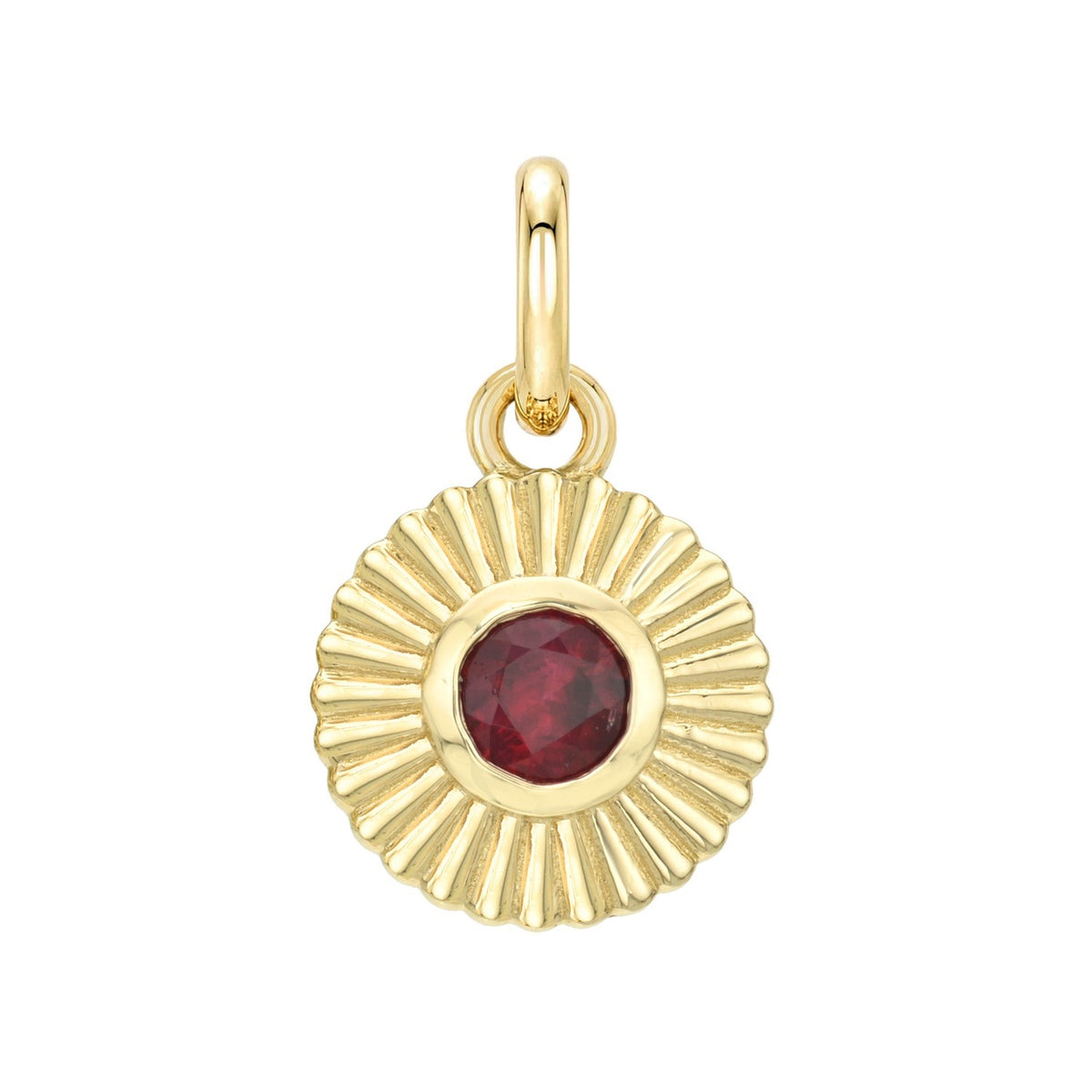 Gold circular Birthstone Charms pendant featuring a ridged sunburst pattern and a round red birthstone at its center.