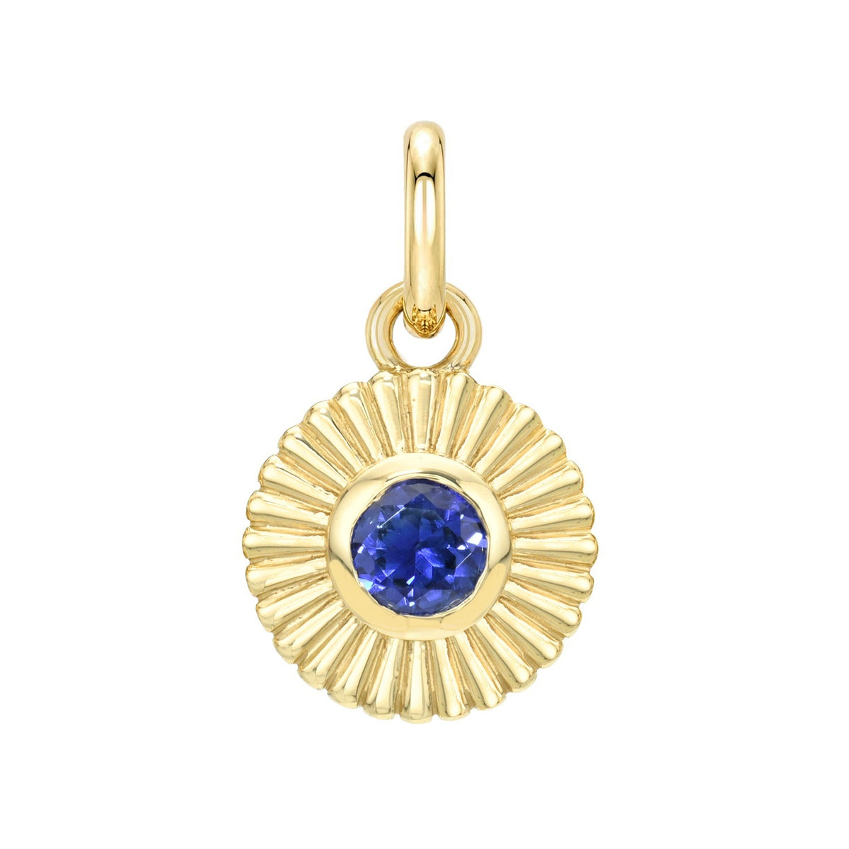 A round, gold Birthstone Charms piece featuring a faceted blue gemstone at the center of a sunburst-style border, suspended from a small jump ring.