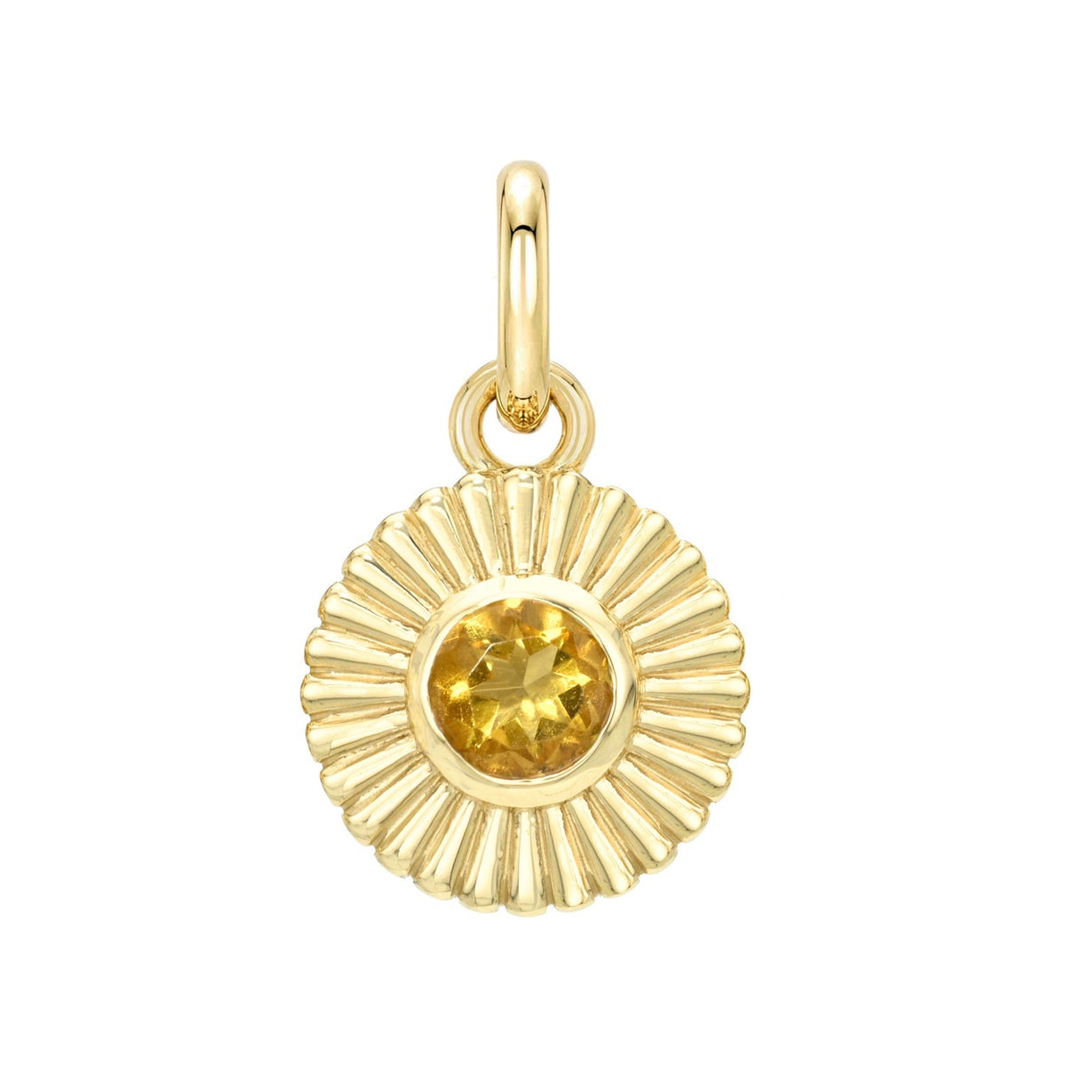 A circular gold Birthstone Charms piece featuring a sunburst-textured border and a round yellow gemstone in the center.