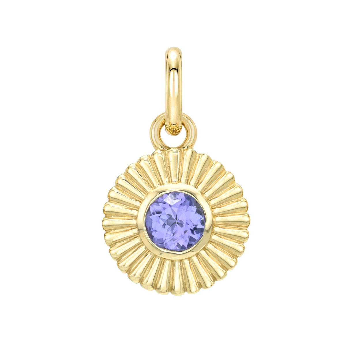 Birthstone Charms gold pendant featuring a sunburst-inspired edge and a round, light purple center.