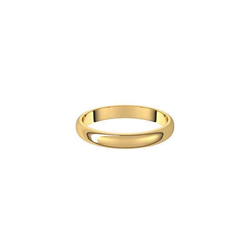 The 3mm Half Round Wedding Ring features a smooth, polished gold surface with a classic half round profile, displayed against a white background. This comfort fit band embodies timeless elegance for everyday wear.