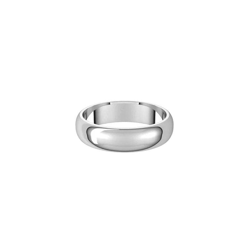 A 5mm Half Round Wedding Ring is shown on a white background, featuring a plain, polished silver band.