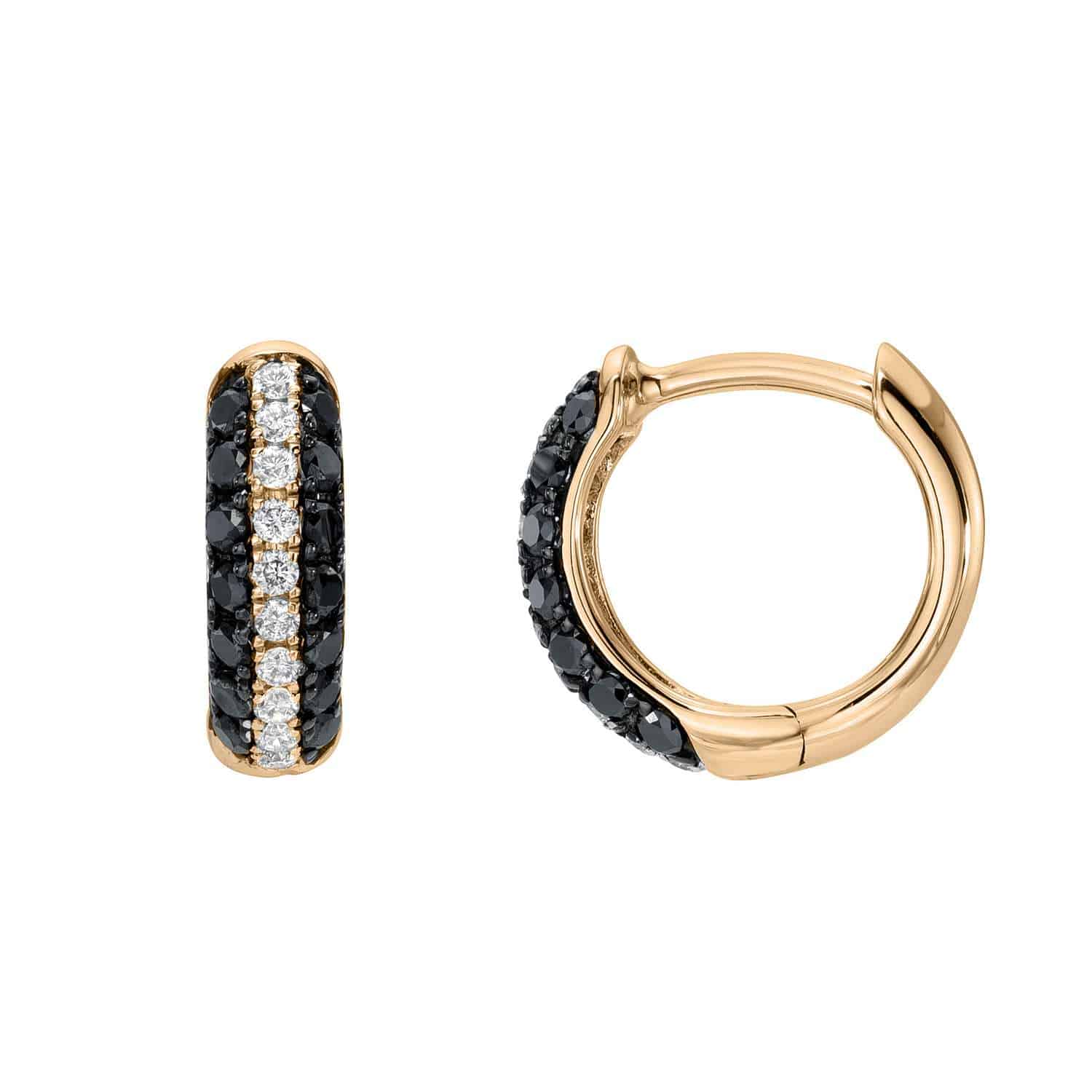 Black & White Diamond Huggies—elegant gold hoop earrings adorned with a row of white diamonds bordered by rows of black diamonds, displayed from both the side and open latch view on a white background—a stunning example of Janet Heller fine jewelry.