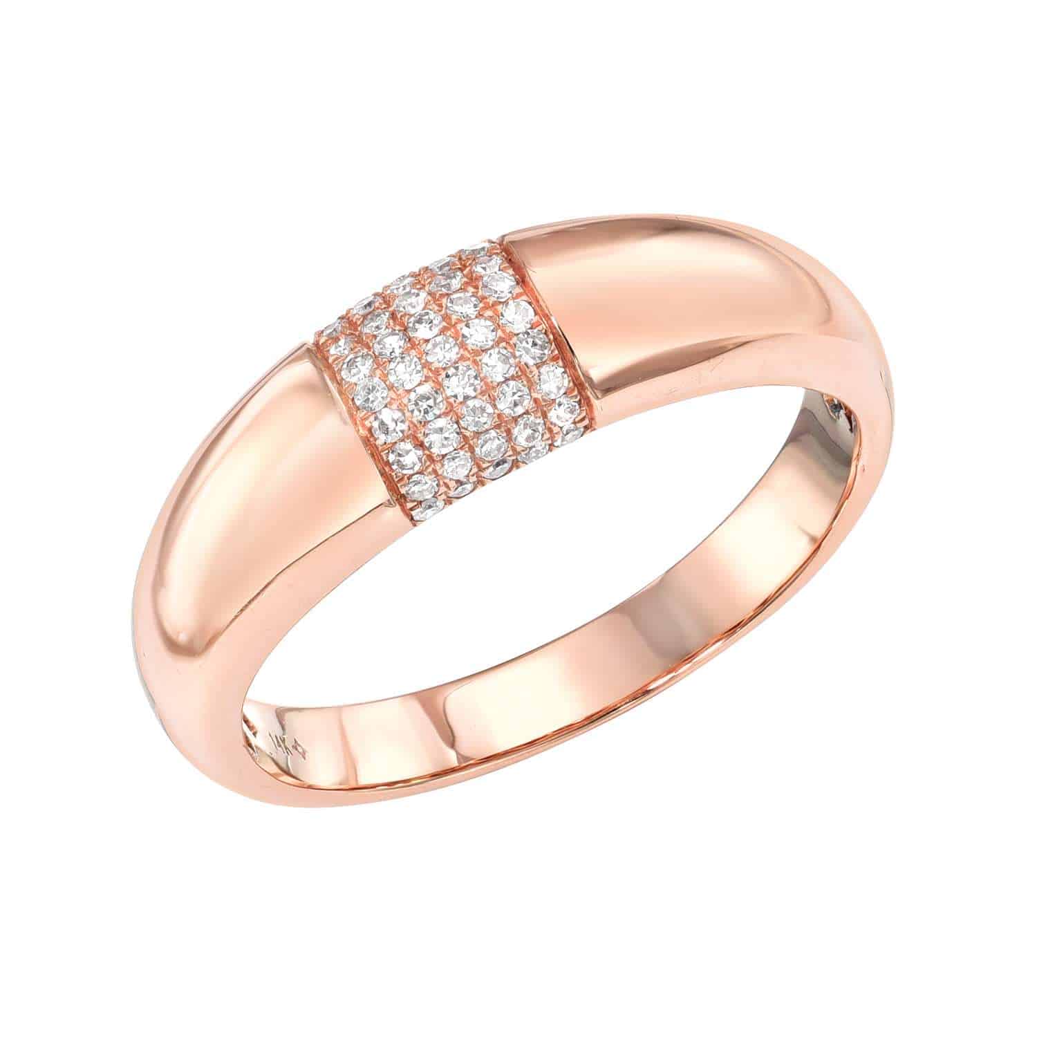 Introducing the Diamond Dome Ring—a rose gold ring featuring a smooth band and a central section adorned with three rows of closely set, sparkling diamonds. This sophisticated design from Janet Heller Fine Jewelry is available for preorder in your preferred ring size.