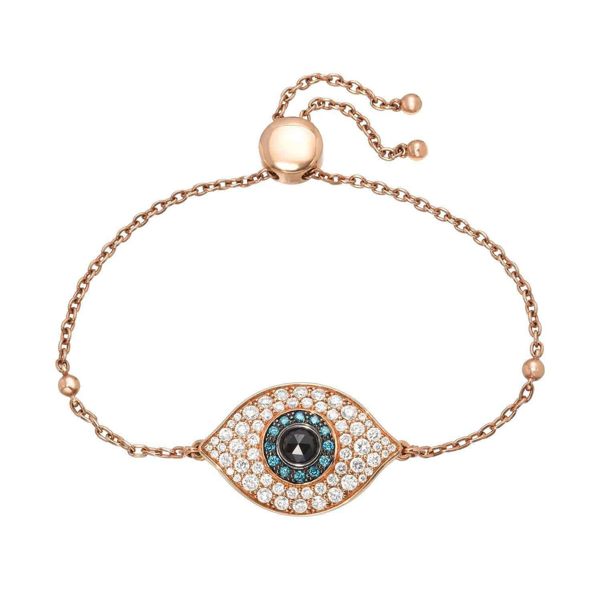 Introducing the Diamond Evil Eye Bolo Bracelet: a rose gold chain bracelet adorned with an eye-shaped charm, featuring a black center stone surrounded by sparkling blue and white stones, and finished with an adjustable sliding clasp.