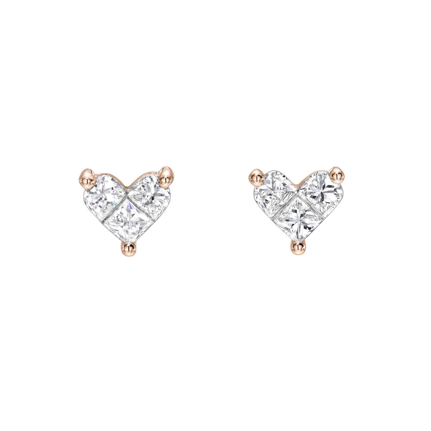 Diamond Heart Clementine Studs from Janet Heller Fine Jewelry, featuring four clear, square-cut stones in a heart-shaped setting with gold prongs, displayed on a white background.