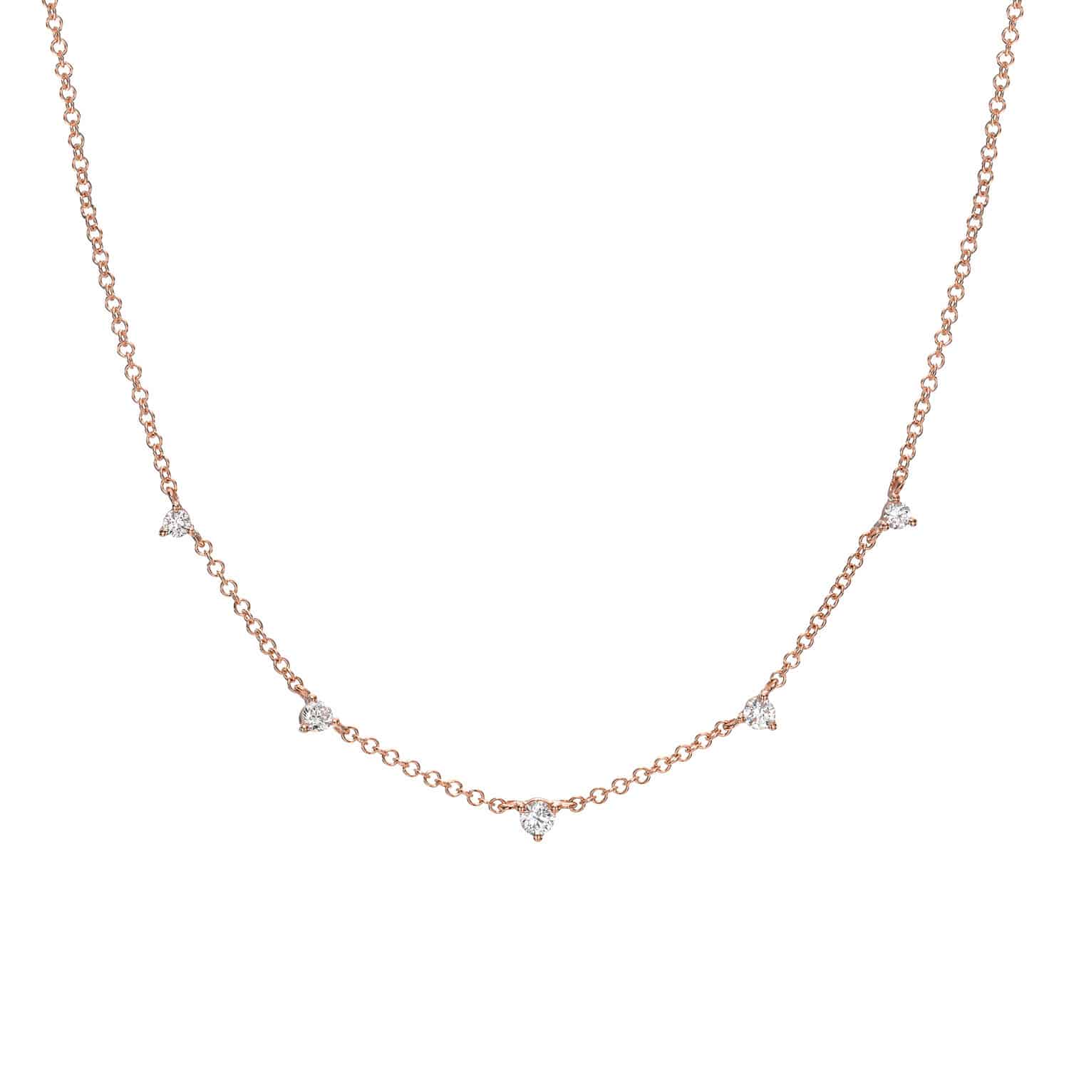 Introducing the Diamond Luna Necklace by Janet Heller Fine Jewelry—a sophisticated rose gold chain adorned with five petite, round diamonds elegantly spaced along the front. Priced at $580 (SKU: NEC-445-R), this timeless piece is perfect for layering or wearing solo, showcasing the refined artistry and classic elegance that define exceptional fine jewelry.