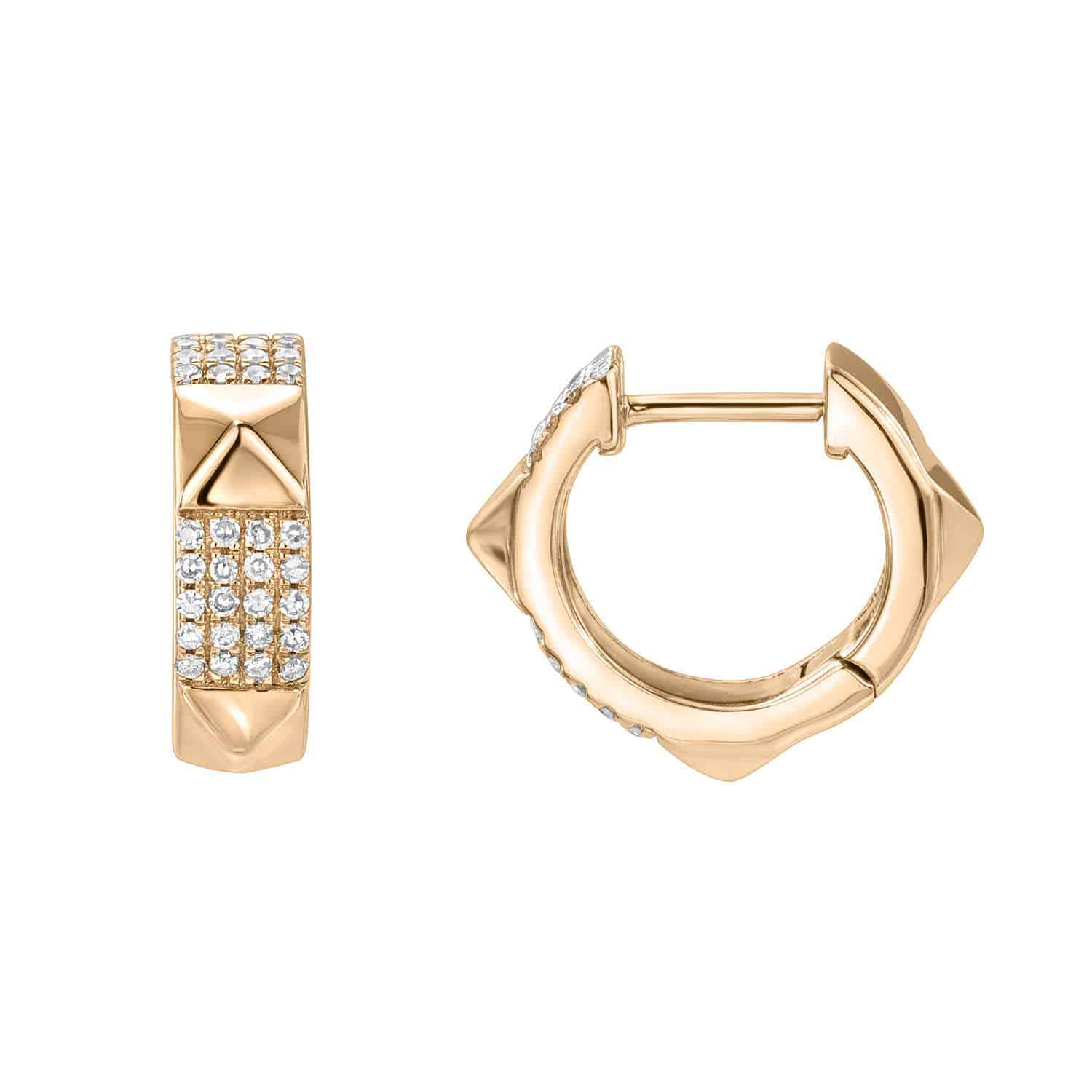 Diamond Pyramid Huggies: A pair of gold hoop earrings featuring pyramid-shaped studs and rows of small, sparkling white stones set into the front surface, complete with a hinge clasp.