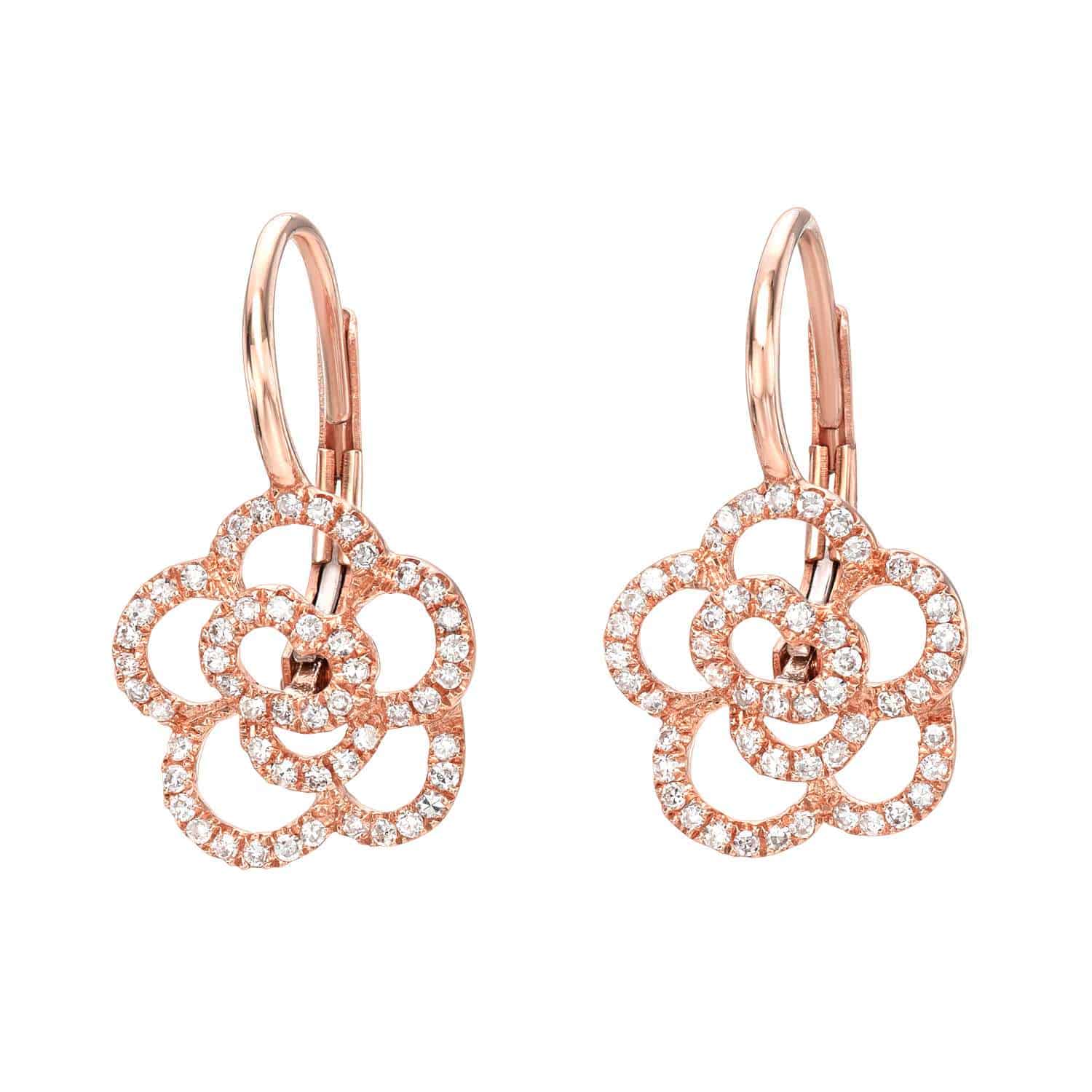 Large Diamond Rosie Earrings, priced at $750.00, feature open flower shapes outlined with sparkling white gemstones and are showcased against a plain white background—an elegant example of Janet Heller Fine Jewelry’s dedication to exquisite fine jewelry and custom jewelry design.