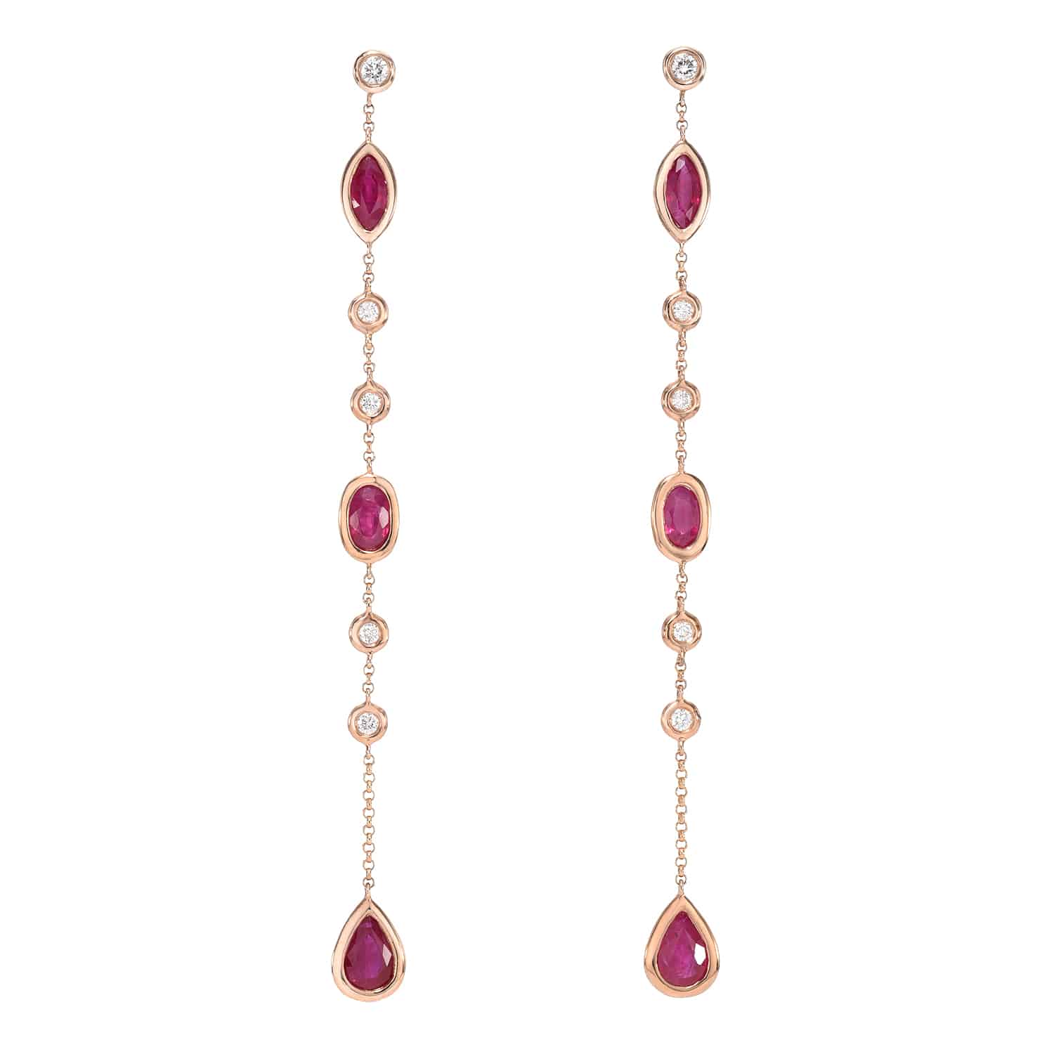 Introducing the Ruby & Diamond Dangle Earrings: a pair of long, gold drop earrings adorned with alternating oval rubies and round diamonds, finished with a teardrop-shaped ruby at the end.