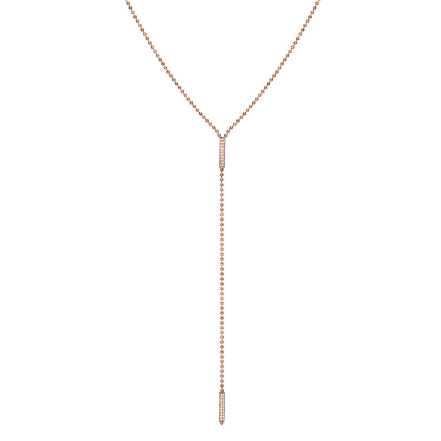 Introducing the Toliet Chain Diamond Barrels Lariat—an elegant rose gold lariat necklace from Janet Heller Fine Jewelry, featuring a beaded chain and two vertical bar accents at the center and end of the drop.