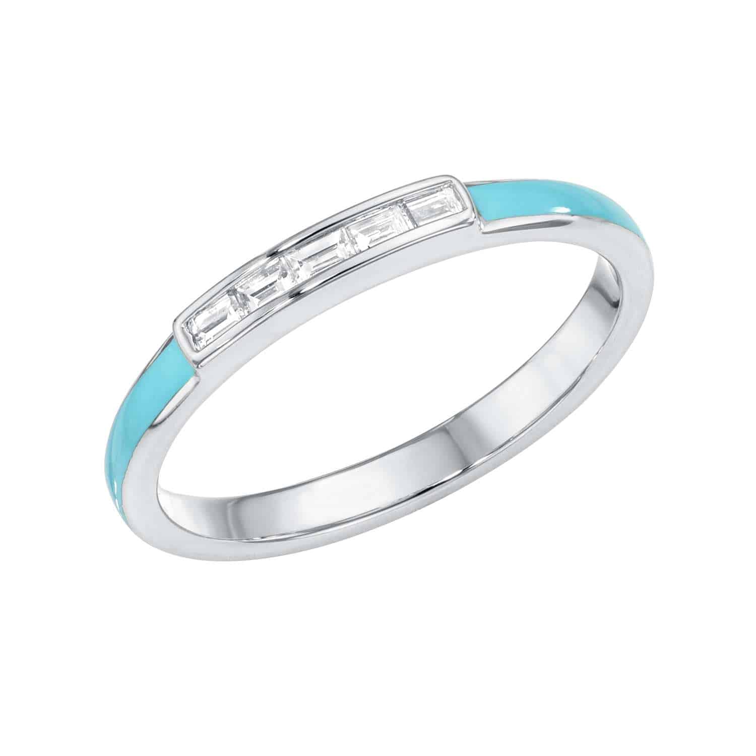 Introducing the Baguette Diamond Enamel Ring: a delicate silver band adorned with turquoise enamel and finished with a rectangular setting showcasing three small baguette-cut clear stones. If you are unsure of your ring size or would like to preorder, please contact us for assistance.