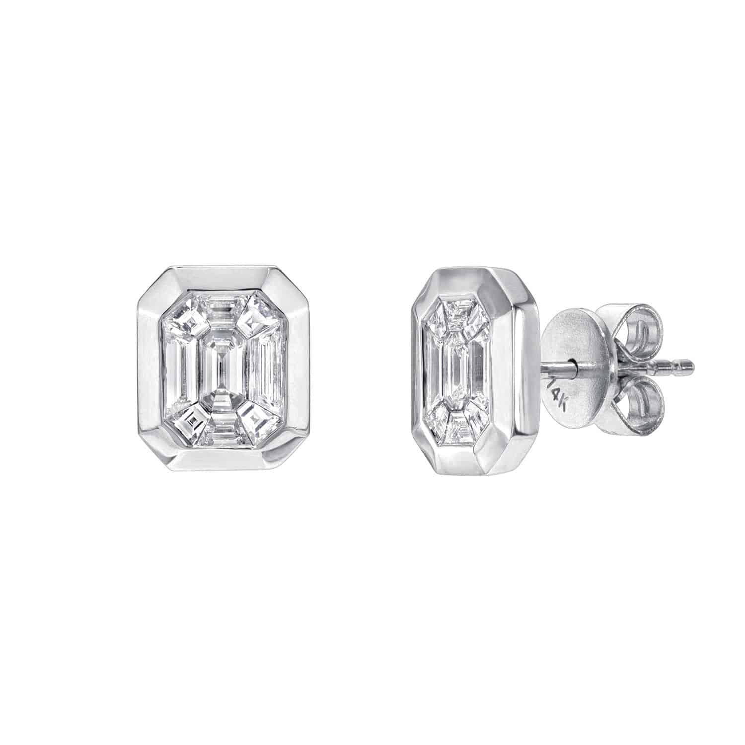 A pair of Bezel Baguette Diamond Studs from Janet Heller Fine Jewelry, crafted in white gold and featuring an emerald-cut diamond set within a geometric bezel frame, shown from both the front and side. For custom jewelry or inquiries about these earrings, please contact us for more details.