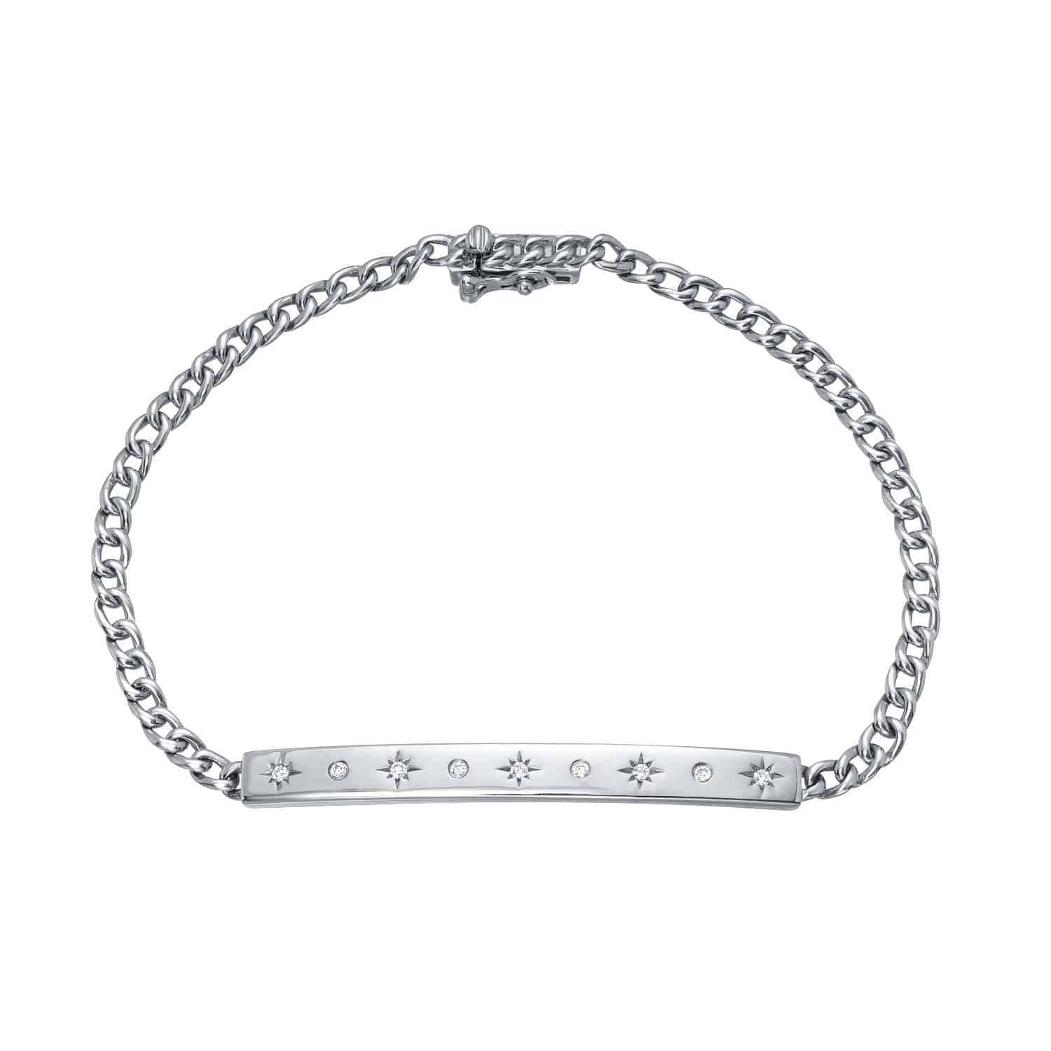 Cuban Link Star Bar Bracelet featuring a rectangular bar adorned with engraved star designs and delicate embedded gems, showcased on a plain white background—a stunning example of custom jewelry from Janet Heller Fine Jewelry. For jewelry inquiries or to explore personalized options, please contact us. Product Name: Cuban Link Star Bar Bracelet | $1160.00.