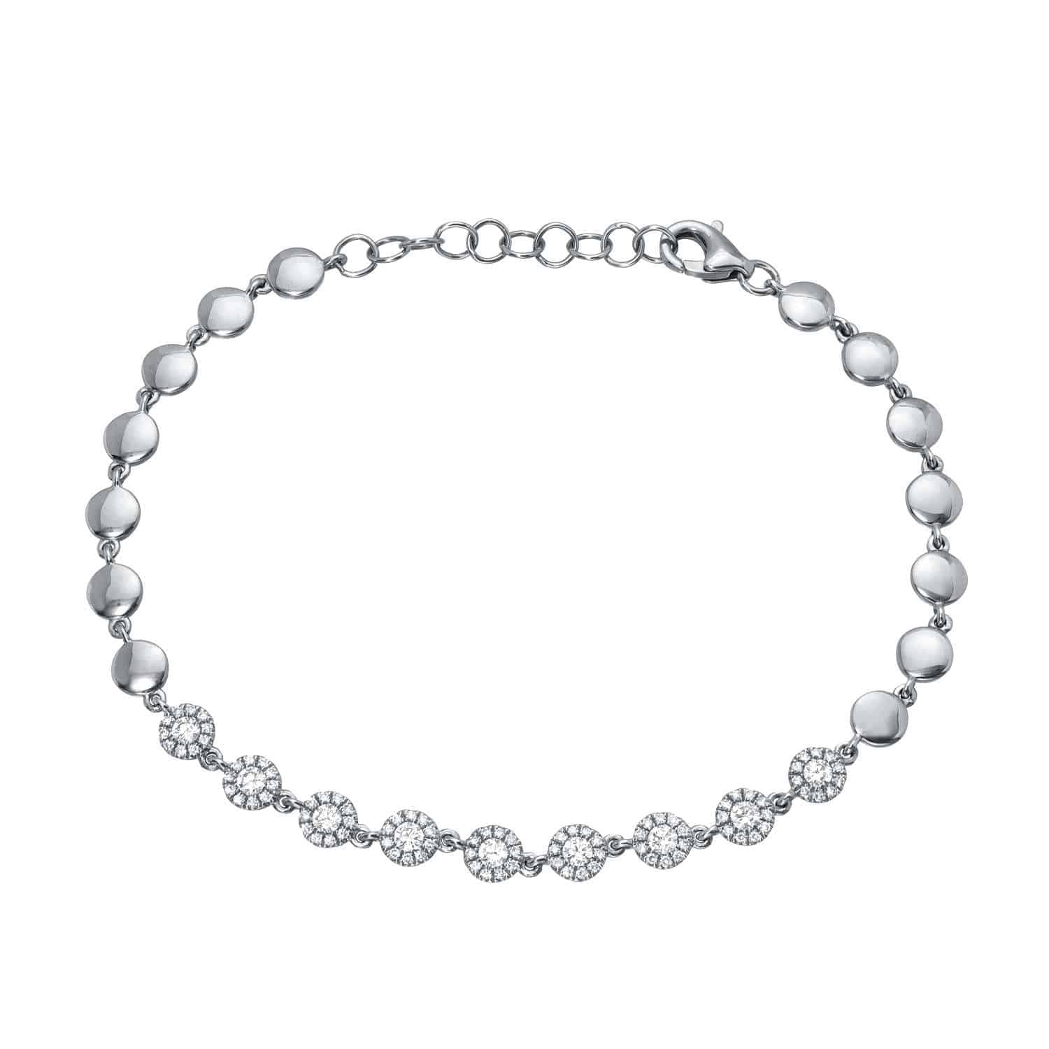 Diamond Annabel Bracelet: This elegant piece from Janet Heller Fine Jewelry features small round links, a row of sparkling circular, crystal-studded charms on the front, a lobster clasp closure, and an adjustable chain. The Diamond Annabel Bracelet is a refined addition to your fine jewelry collection at $1,485.