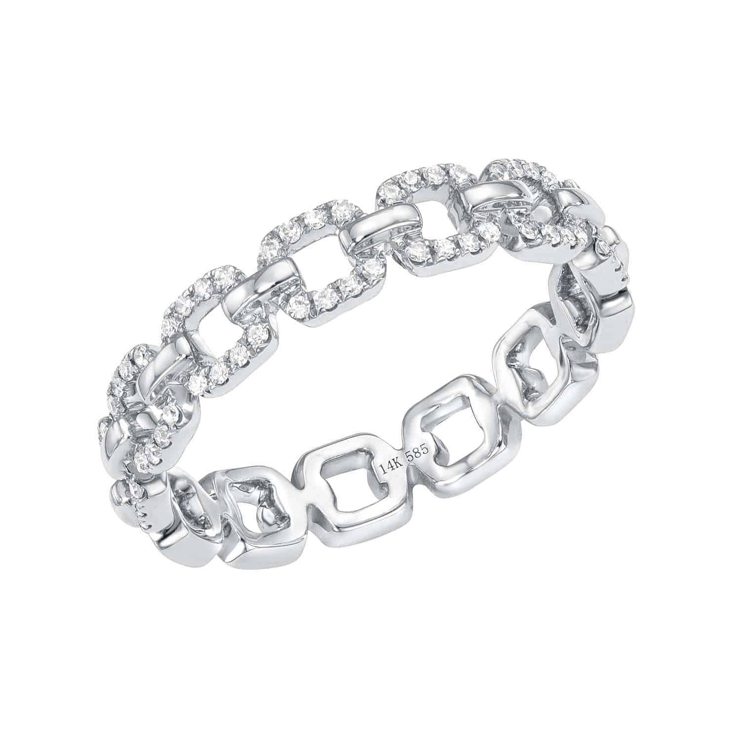 Introducing the Diamond Chain Bella Ring from Janet Heller’s fine jewelry collection: a silver chain-link design featuring alternating links—some encrusted with sparkling diamonds and others polished to a high shine—with “14K 585” inscribed inside; available for preorder.