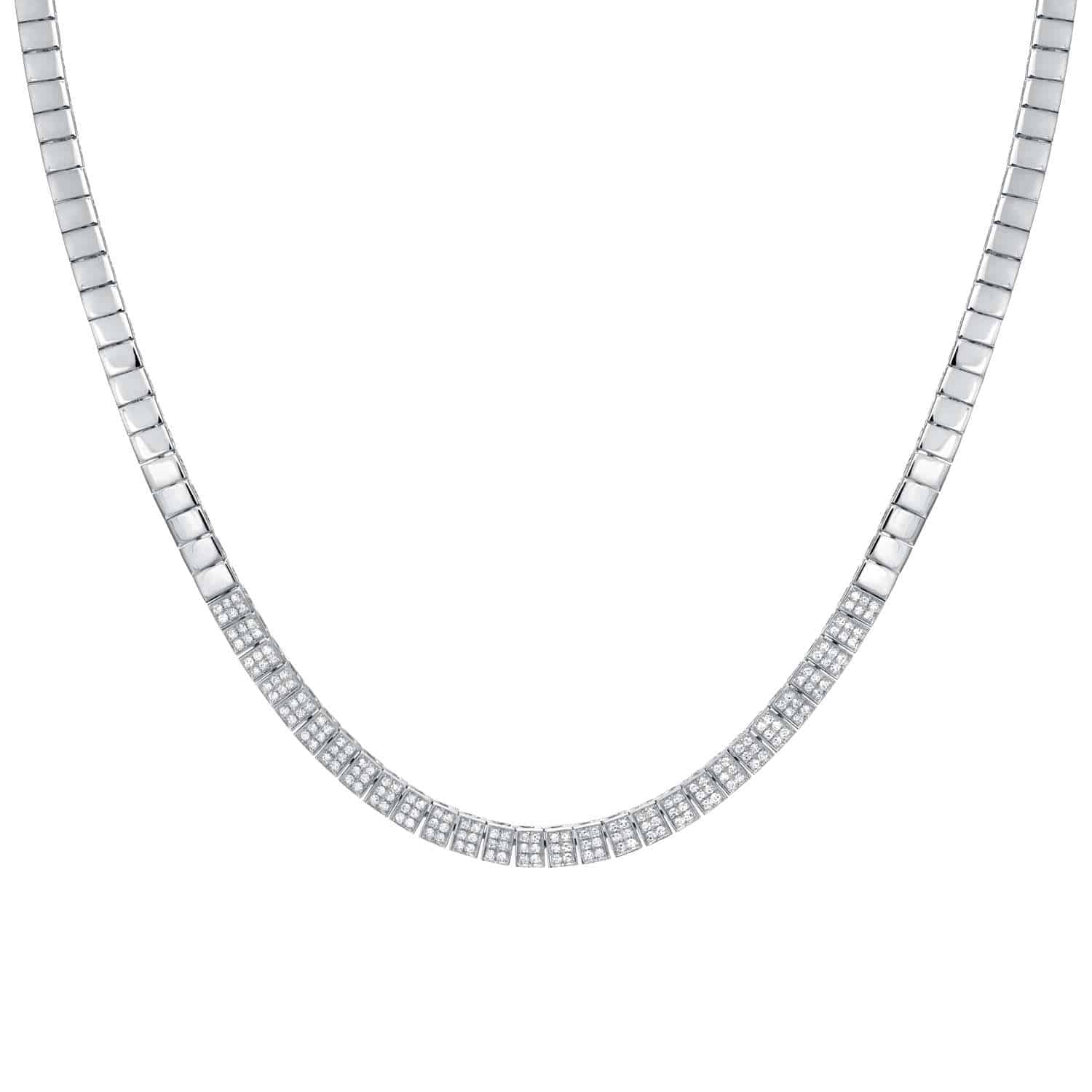A silver Diamond Cubes Necklace with a smooth, segmented design featuring small, square sections. The front center showcases rows of embedded clear stones, adding a sparkling detail—a signature example of Janet Heller Fine Jewelry’s commitment to elegant custom jewelry. For jewelry inquiries or to explore bespoke creations, discover more about the Diamond Cubes Necklace from Janet Heller Fine Jewelry. Price: $3,840.00.