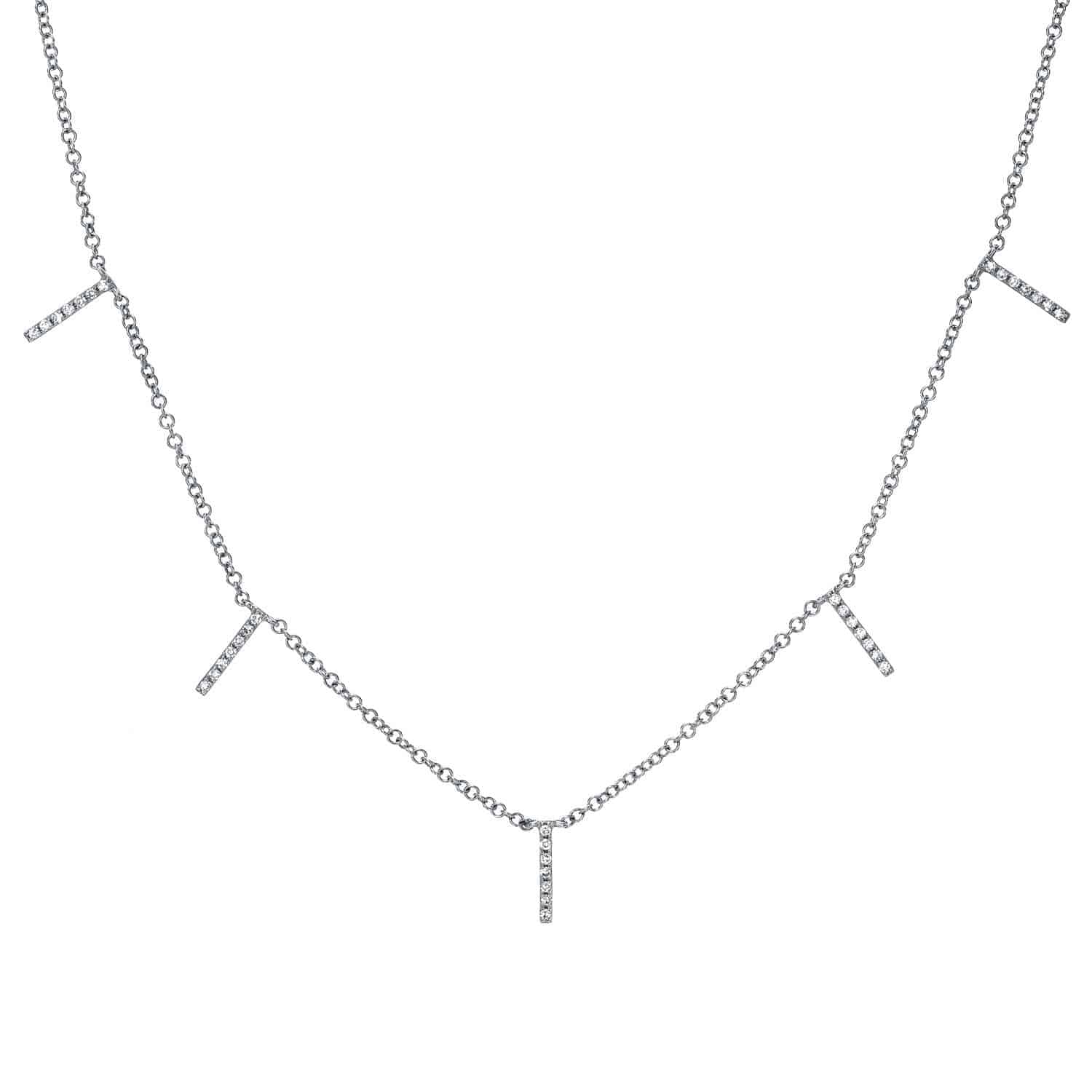 Diamond Dangle Bar Necklace featuring a delicate silver chain with five evenly spaced vertical bar pendants, each embellished with sparkling stones. Displayed on a white background. For custom jewelry or inquiries, please contact Janet Heller Fine Jewelry.