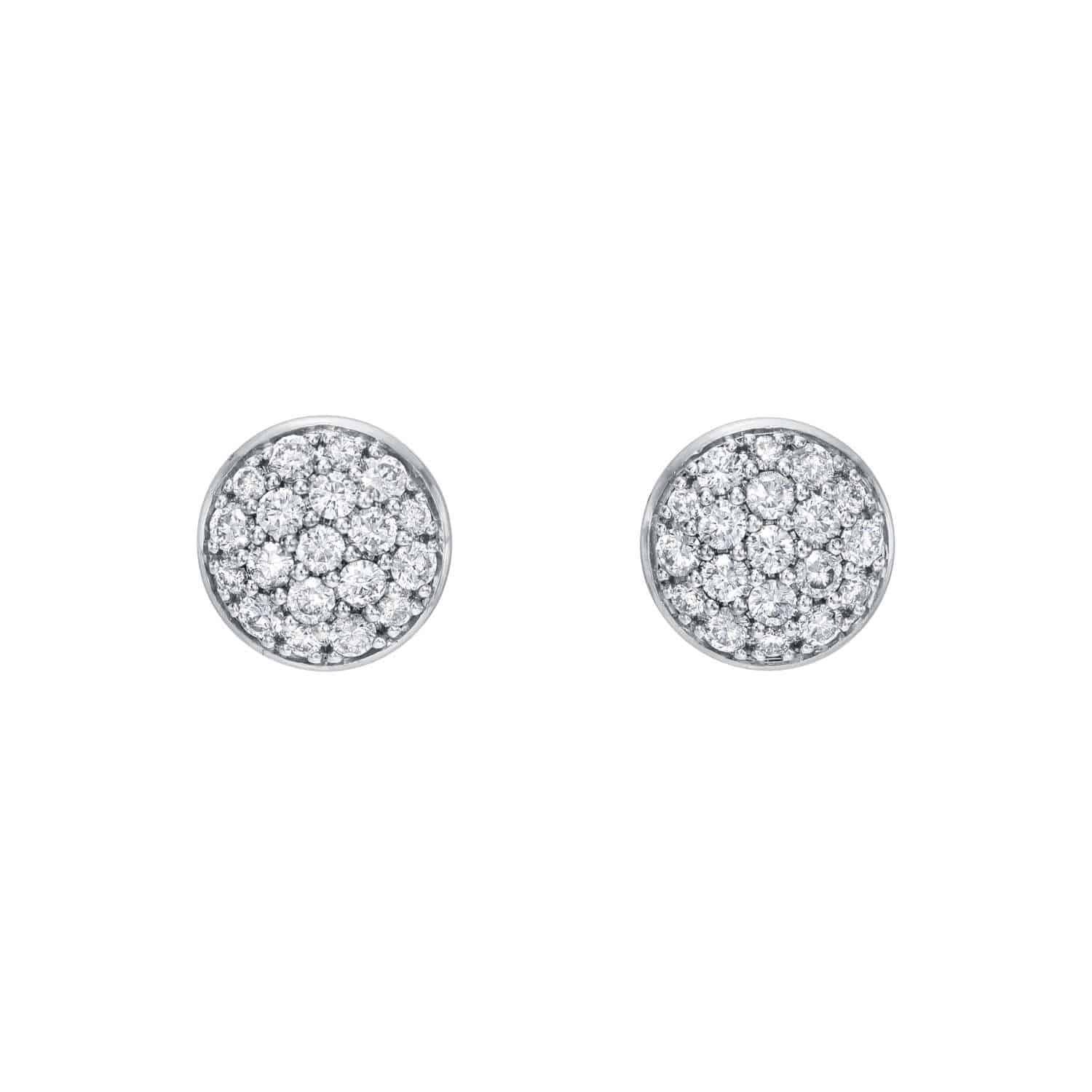 Diamond Elsie Studs: A pair of round stud earrings featuring clustered white diamonds set in your choice of silver or white gold, thoughtfully designed by Janet Heller Fine Jewelry. For custom jewelry options or inquiries, please contact us for more information.