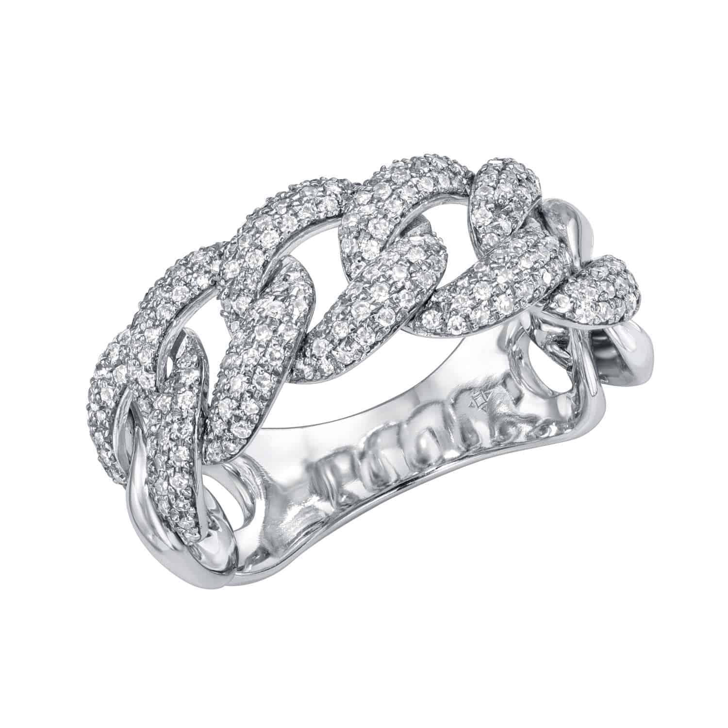 Introducing the Diamond Hunter Ring—a striking silver ring featuring a chain-link design, adorned with small, sparkling diamonds across the top and sides. This exquisite piece of fine jewelry is available for preorder in your preferred ring size.