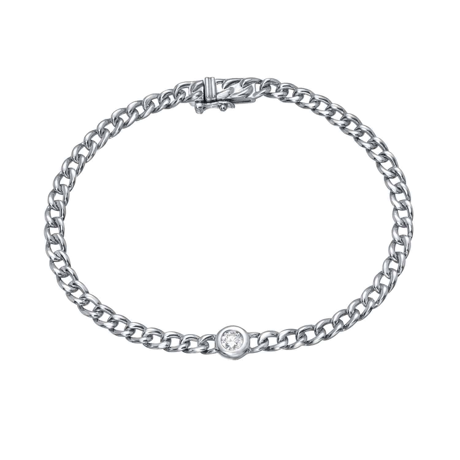 Introducing the Diamond Noelle Bracelet from Janet Heller Fine Jewelry—an exquisite silver chain bracelet showcasing a single round diamond set in the center, finished with a secure clasp closure. For jewelry inquiries or custom requests, please contact us.