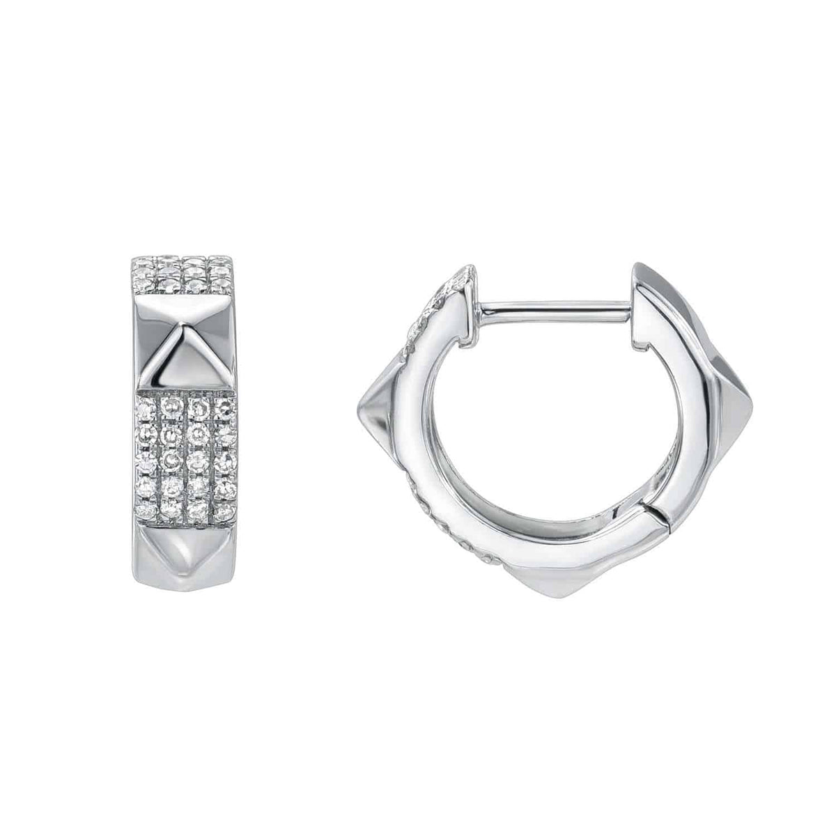 Introducing our Diamond Pyramid Huggies—a pair of silver hoop earrings featuring pyramid-shaped studs and rows of small, round sparkling diamonds set in parallel lines across the front. One earring is displayed from the front view, while the other showcases a side profile.