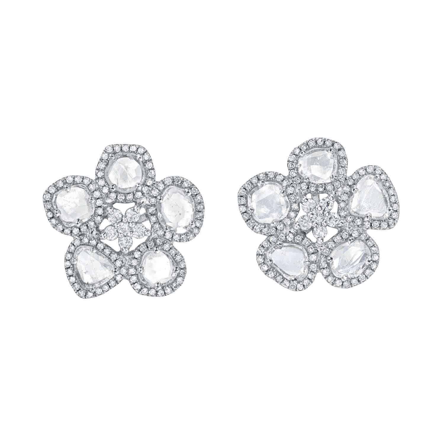 Diamond Slice Flower Studs featuring a silver and diamond flower design with five petals and sparkling center details, displayed against a white background.