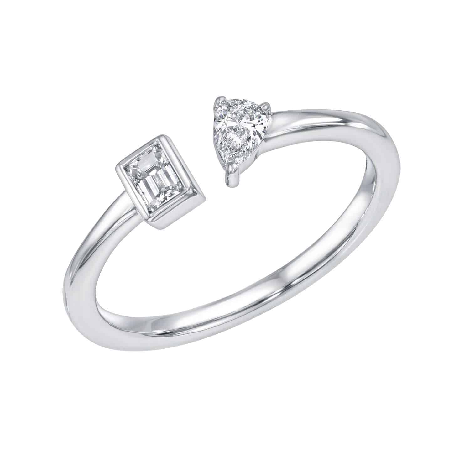 Introducing the Diamond Toi Et Moi Ring: a silver open band ring adorned with a rectangular diamond on one end and a heart-shaped diamond on the other, both set on a smooth, polished band. Available as a custom ring to perfectly match your ring size.
