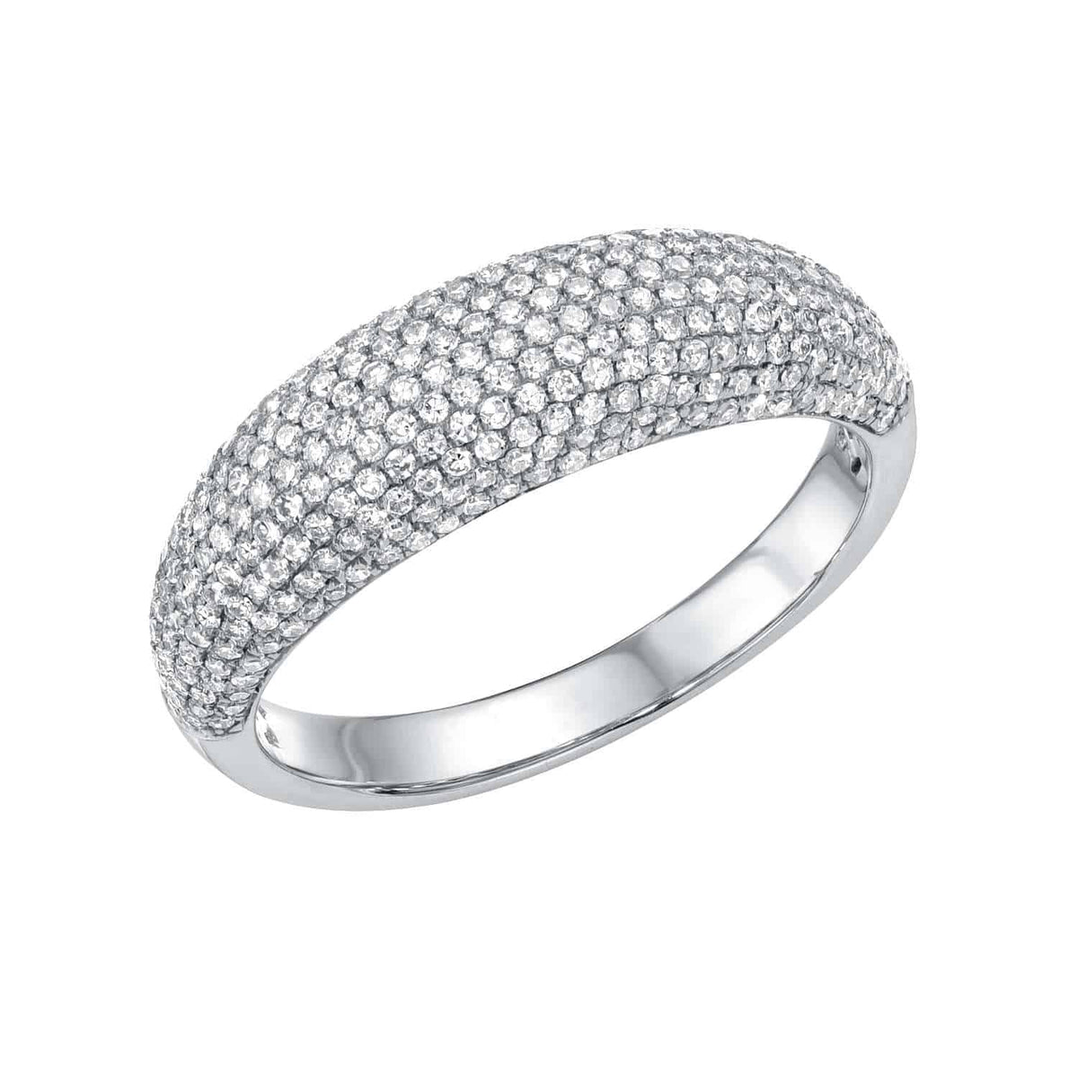 The Pave Diamond Dome Ring from Janet Heller features a rounded silver band encrusted with closely set, sparkling diamonds across the upper half, creating a shimmering and elegant effect—this exquisite piece of fine jewelry is available for preorder for those who appreciate timeless sophistication.