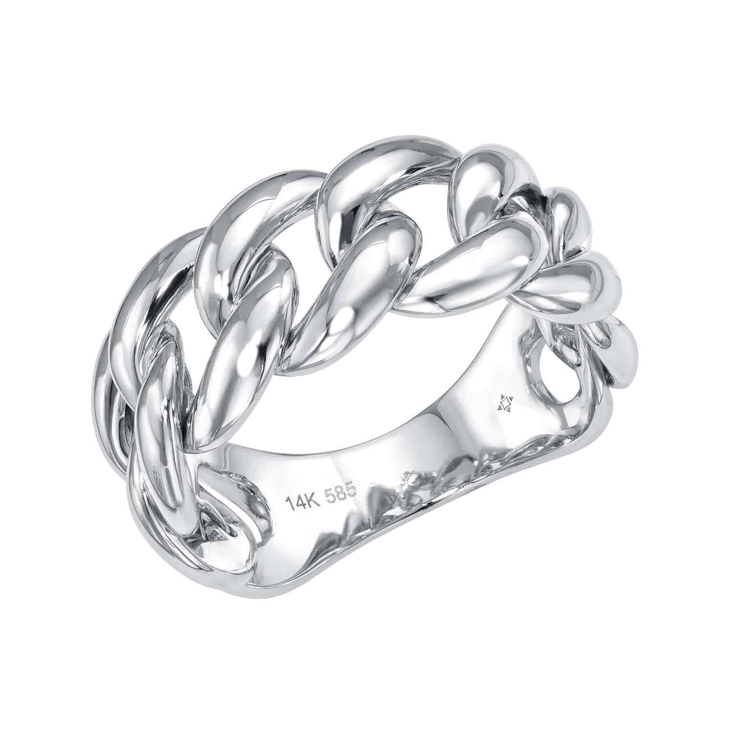 A wide, polished 14K white gold Plain Cuban Link Ring with a chunky interlocking chain-link design is shown on a white background. This striking piece of fine jewelry is from Janet Heller’s collection (SKU: RIN-369-4.5-W), priced at $1,110.00.