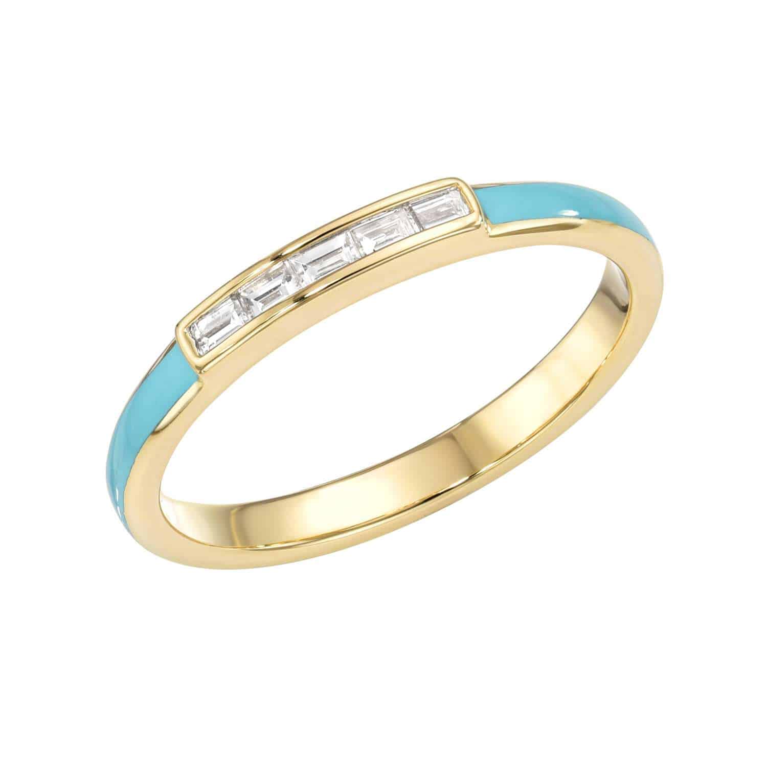 The Baguette Diamond Enamel Ring features a gold band with turquoise enamel and a rectangular section set with four small baguette-cut white gemstones. For custom ring sizes or to preorder, please contact us.