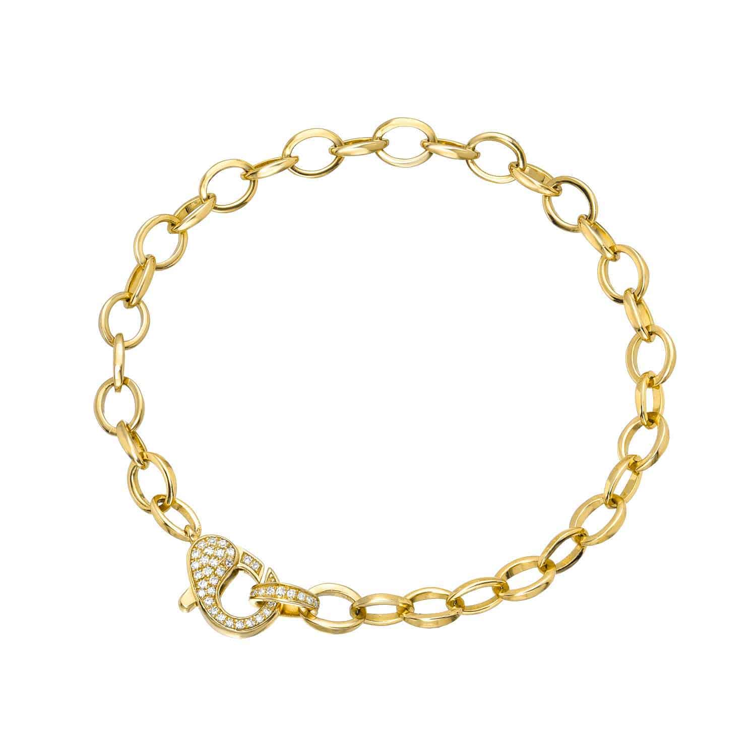 The Diamond Clasp Link Bracelet, priced at $1465.00, features oval links and a G-shaped clasp adorned with sparkling diamonds. This refined piece of fine jewelry by Janet Heller highlights her signature attention to detail and craftsmanship. The bracelet is photographed against a white background.