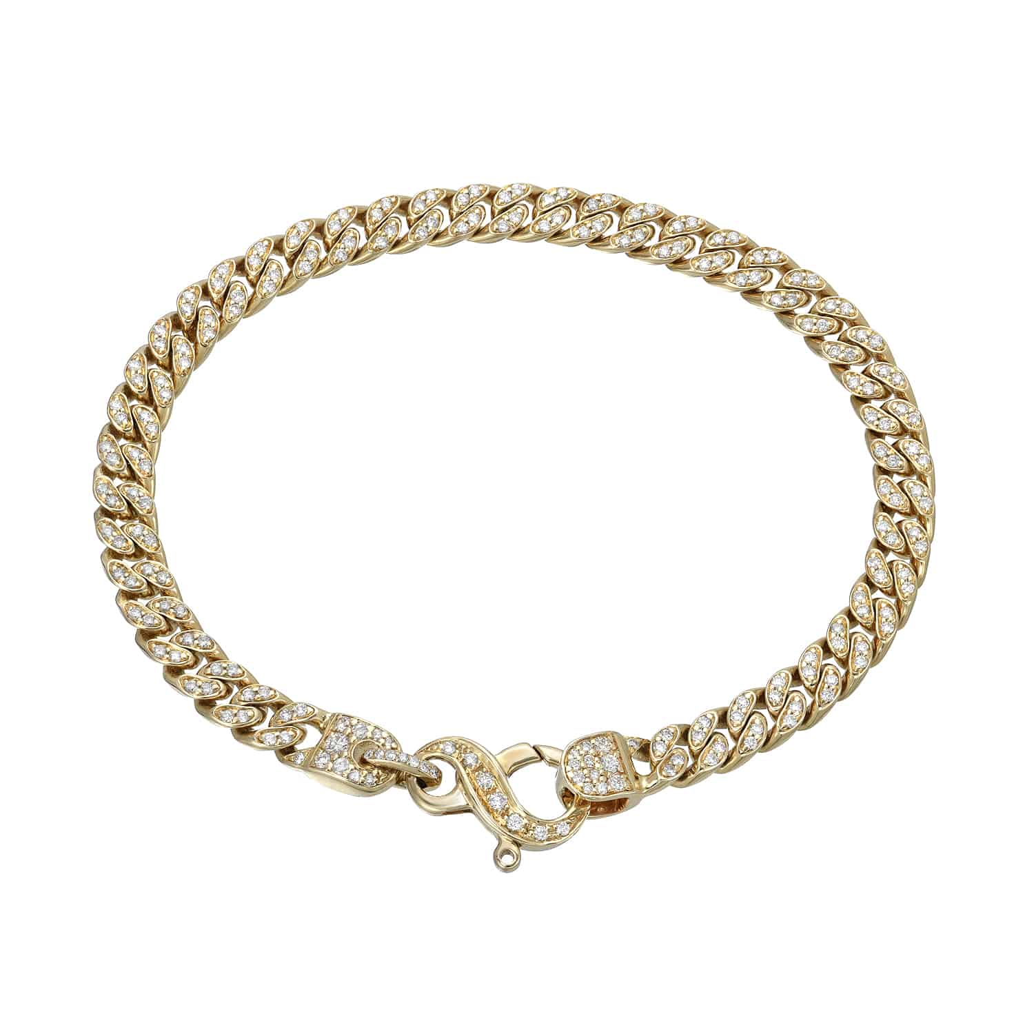 The Diamond Cuban Link Hattie Bracelet—a timeless piece of fine jewelry by Janet Heller—features a gold chain with an infinity-inspired clasp, each link encrusted with small, sparkling diamonds and elegantly displayed on a white background.