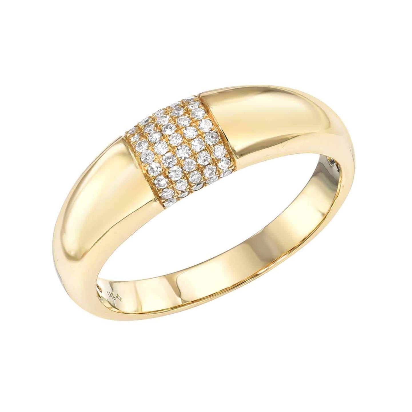 The Diamond Dome Ring from Janet Heller Fine Jewelry is crafted in 14KT gold.  The band features a central section adorned in a sparkling diamond grid pattern. The ring can be stacked or worn on its own.