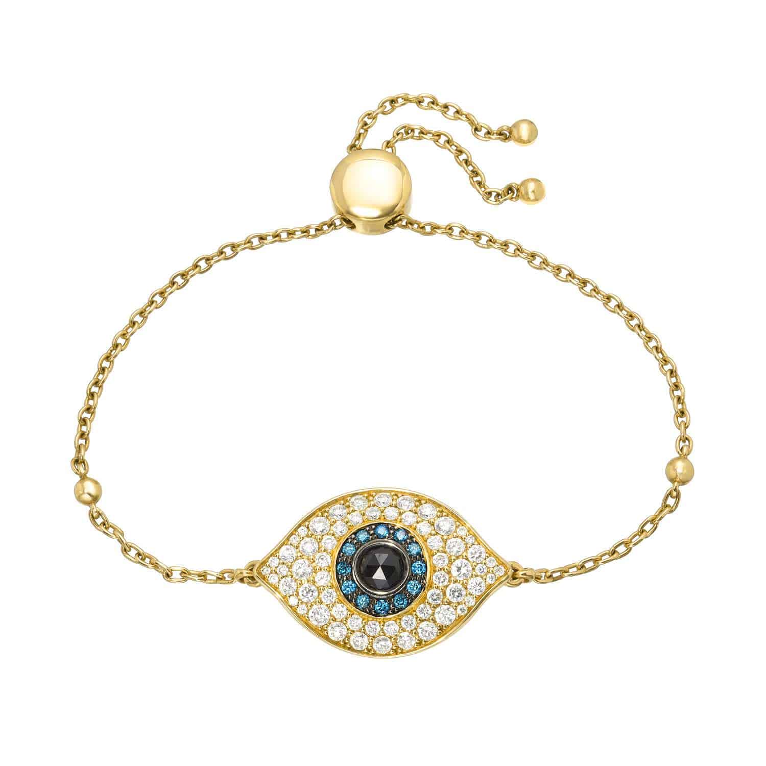 Diamond Evil Eye Bolo Bracelet featuring a gold chain with an evil eye charm, highlighted by a black center stone surrounded by blue and white stones, finished with an adjustable sliding clasp.