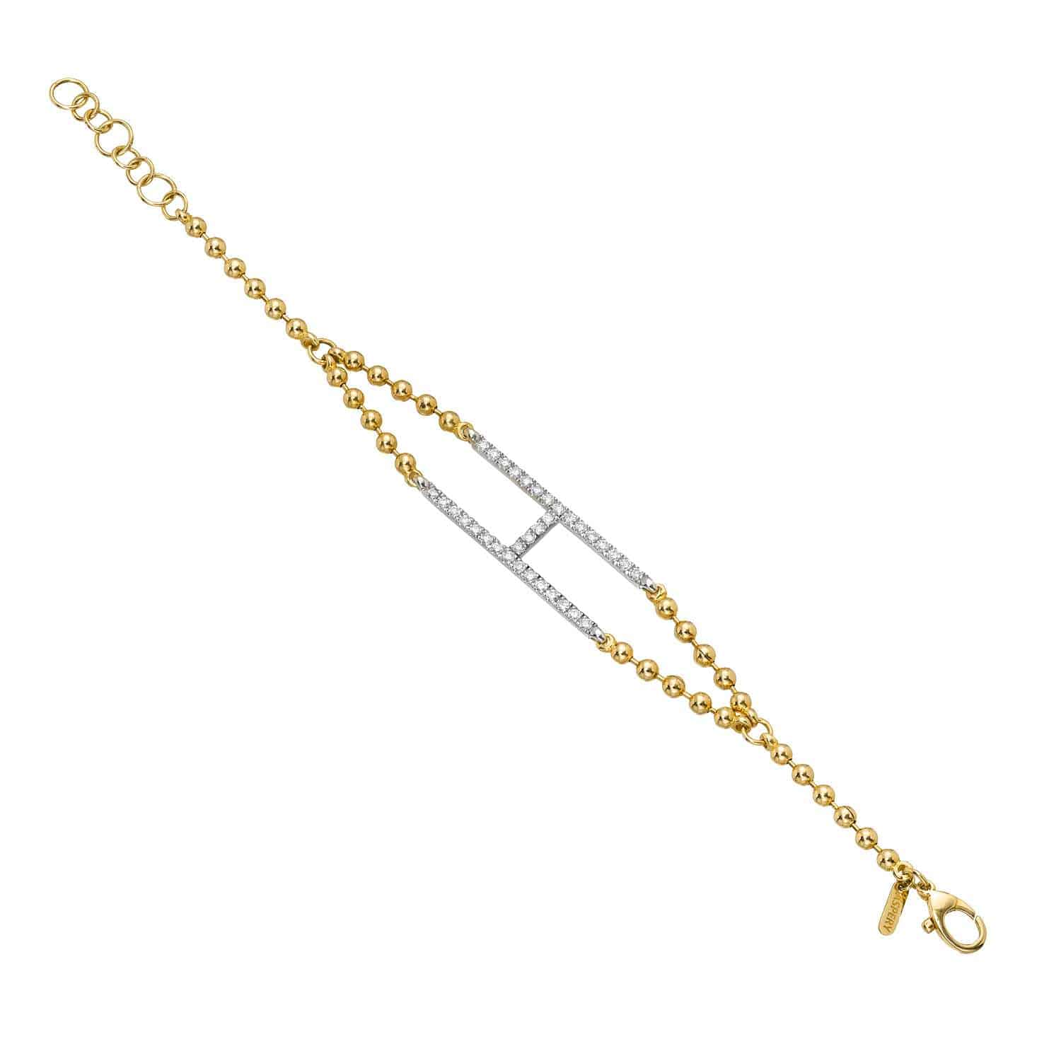 Introducing the Diamond Initial Victoria Bracelet: a gold beaded bracelet with a rectangular centerpiece adorned with sparkling clear stones and finished with a secure lobster clasp. Now available for preorder and customizable with any initial of your choice.