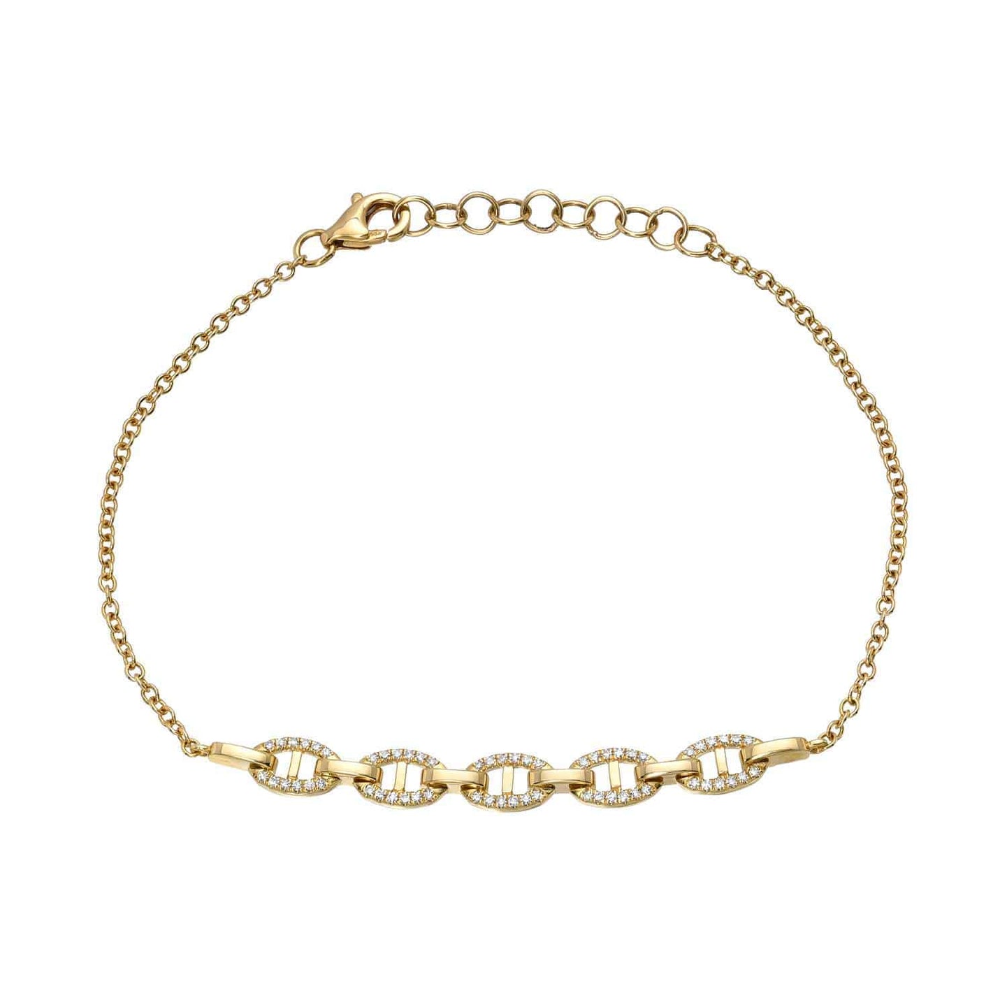 The Diamond Julianna Bracelet from Janet Heller Fine Jewelry is crafted in 14KT gold.  The bracelet features a chain design with five oval links adorned with diamonds, connected to a clasp with an adjustable chain extender.  The bracelet can be worn alone or layered with other bracelets.