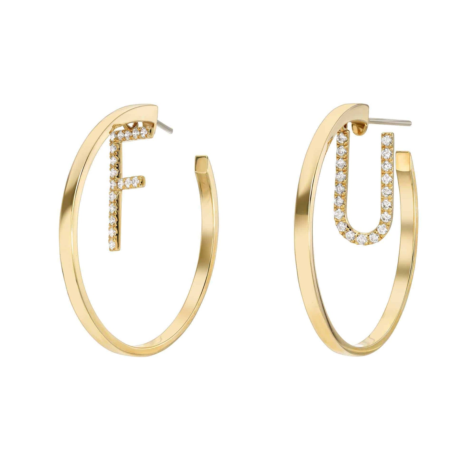 The Diamond Letter Maeve Earrings, available for preorder, feature chic gold hoops with rhinestone letters F and U that dangle inside, making a bold statement and adding stylish flair to any look.